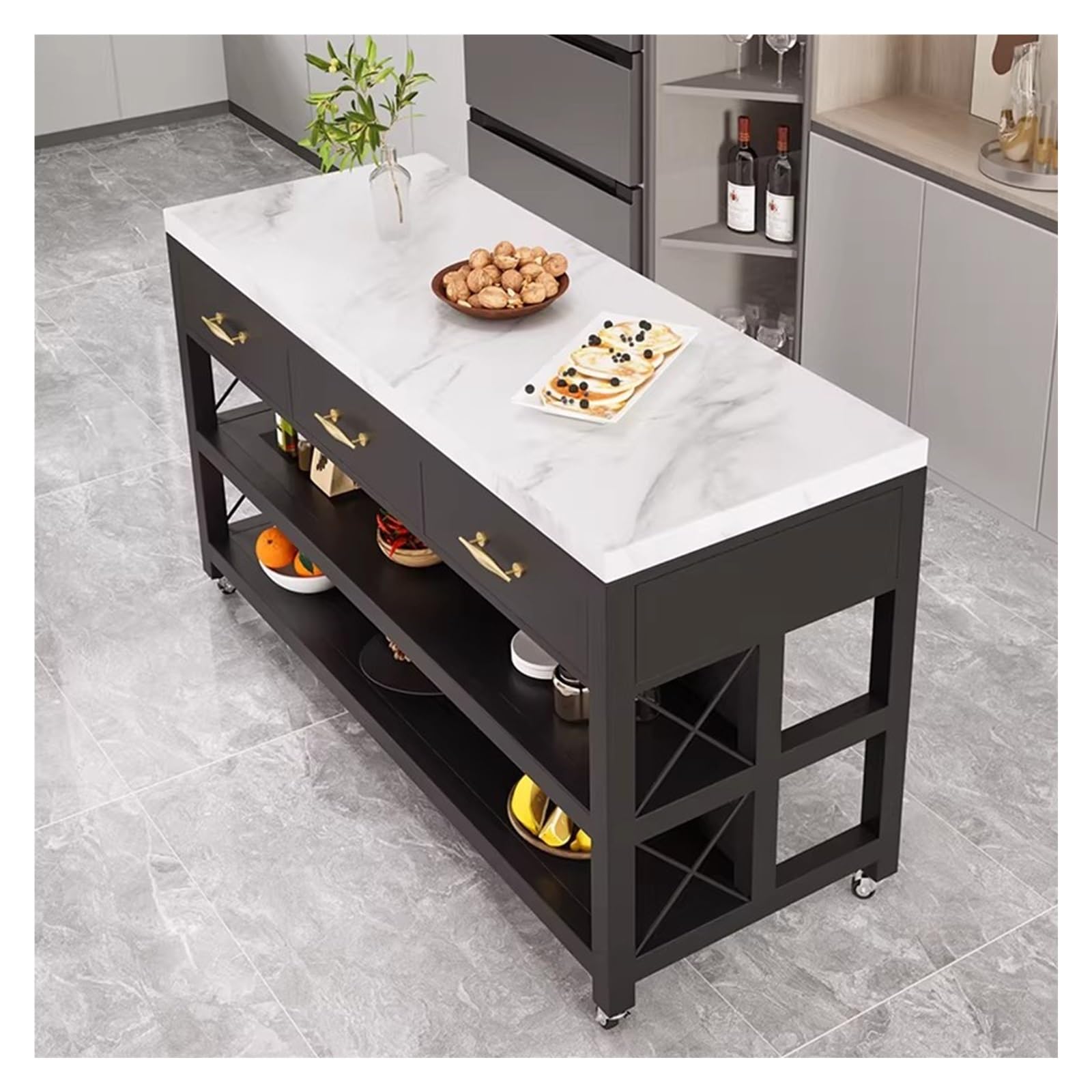 Mobile portaoggetti con cassetti, Carrello for isola da cucina con rotelle, cassetti e ripiani portaoggetti con struttura in metallo e piano in marmo , per riporre la cucina e utilizzare il bancone(M)
