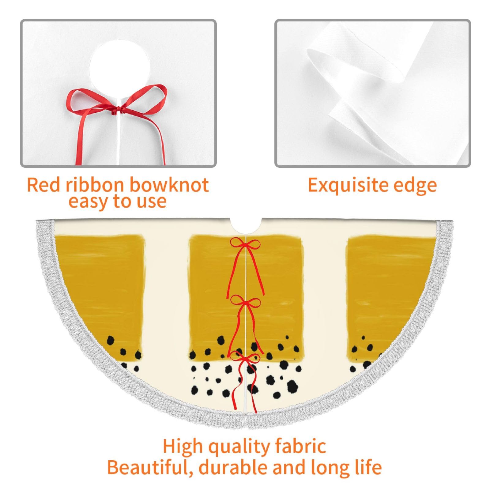 Senfgelbe und schwarze Weihnachtsbaumdecke, Weihnachtsbaummatte, bedruckte Polyester-Quaste, Weihnachtsdekoration