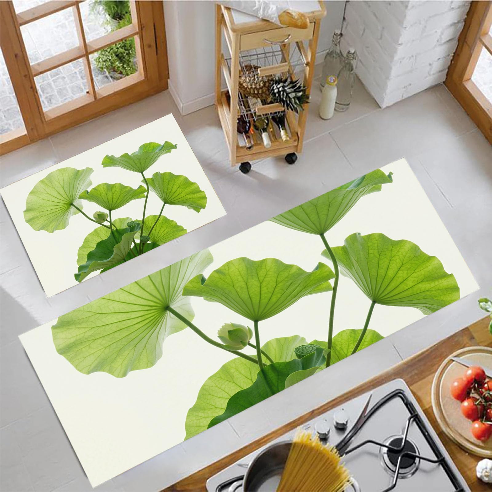 Tapis de couloir vert clair 45x75+45x150 cm lavable et design lotus