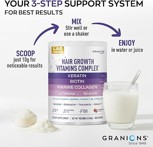 Miniatura 6 de Granions Suplementos capilares para el crecimiento del cabello en polvo, fuerza, grosor, densidad, apoyo para la pérdida para mujeres y hombres,
