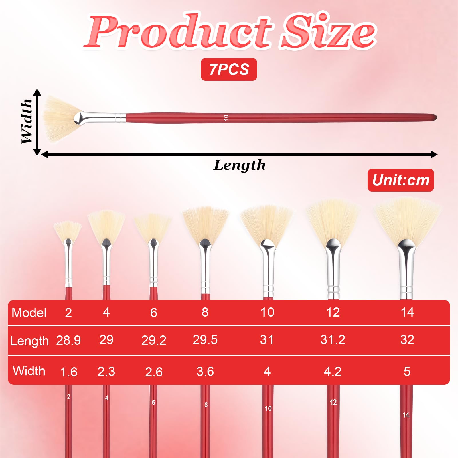 7 pennelli a ventaglio per pittura, set di pennelli a ventaglio con setole naturali e manico lungo, pennello professionale a forma di ventaglio, morbido, anti-spargimento, per pittura acrilica, olio