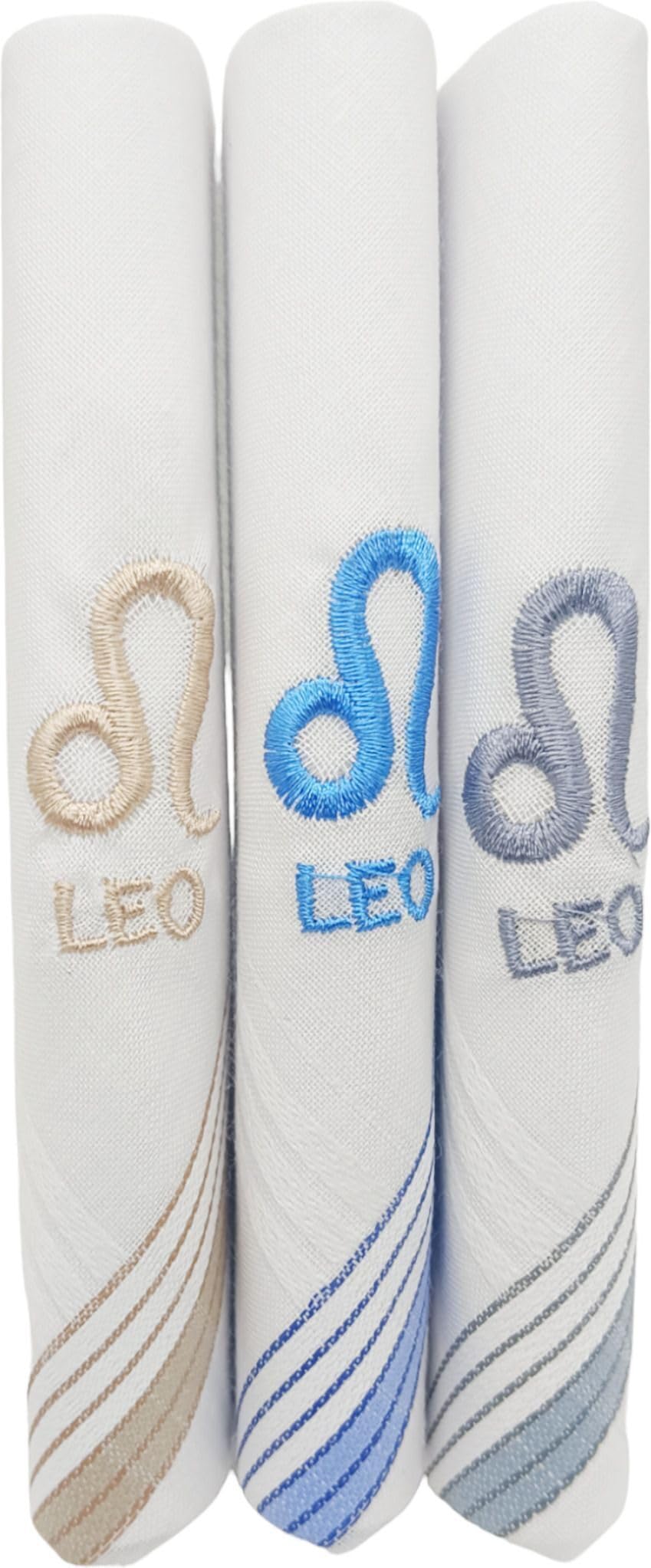 Leo Zodiac Sign Silk Embroidered Cotton Handkerchief for Men, White and Multicolor, 45x45 cm, Pack of 3-image-32