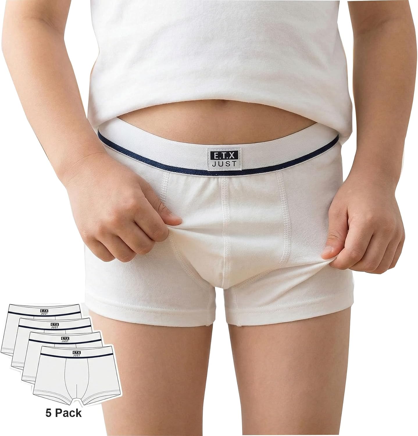5 Value Pack Skin friendly Cotton Boys Boxer Briefs, Everyday Comfort Tagless Boyshorts,White,for Toddler Kids 2-16years