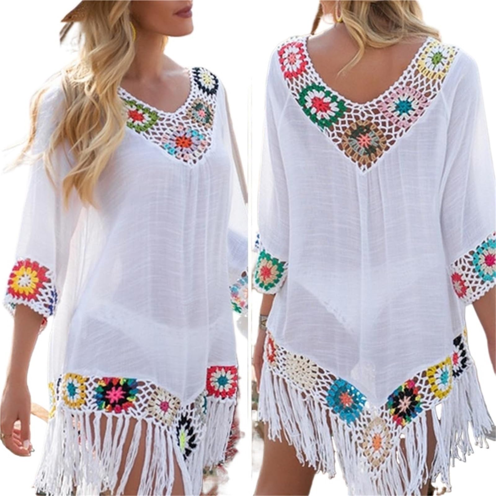 Pareo Donna Mare Copricostume Bikini Traforato all'Uncinetto Estivo Ampio e Attillato for la Spiaggia(C-White)
