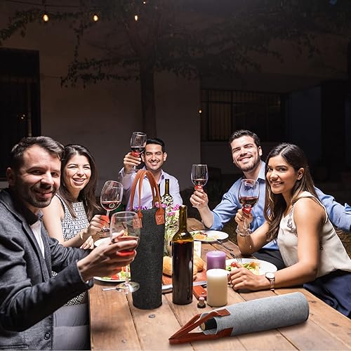 Miniatura 5 de Windyun 8 bolsas de fieltro para botella de vino, aisladas, 1 botella, bolsa de regalo de vino, enfriador de vino con mango de cuero para fiestas,
