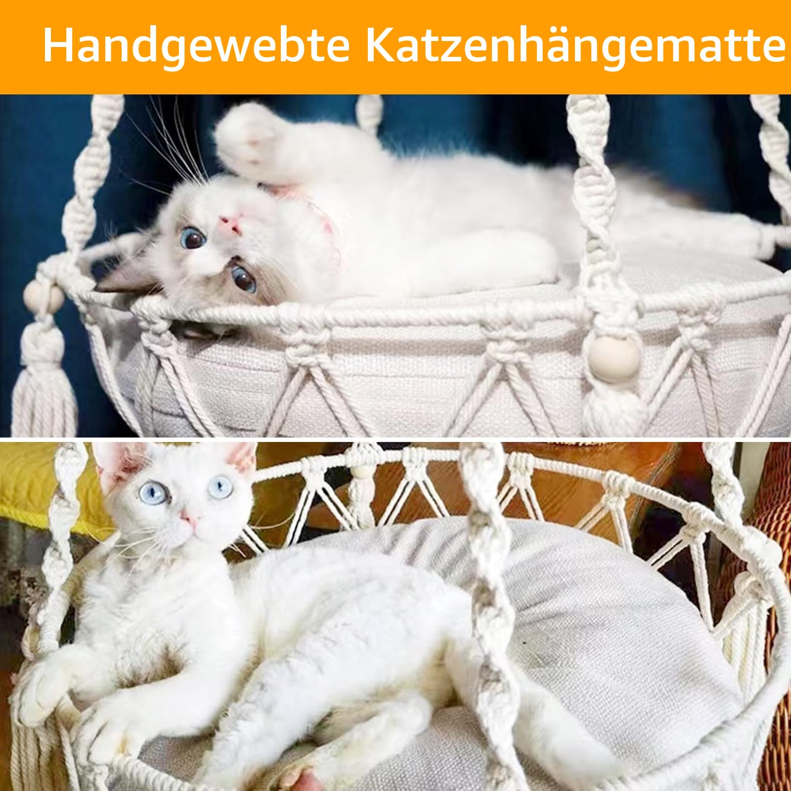Makramé-Hängematte für Katzen, Schaukelbett für Katzen, handgestricktes, aufgehängtes Katzennest
