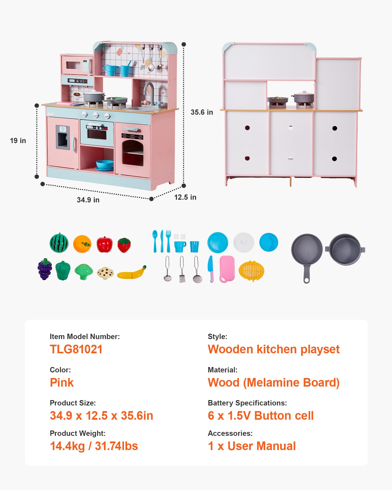 VEVOR Giocattolo Cucina per Bambini, Set Giocattolo da Cucina per Bambini in Legno con Luci Suoni Macchina per Ghiaccio Forno Lavello Microonde Frigorifero Utensili, Giocattolo Cucina, 24 pz, Rosa
