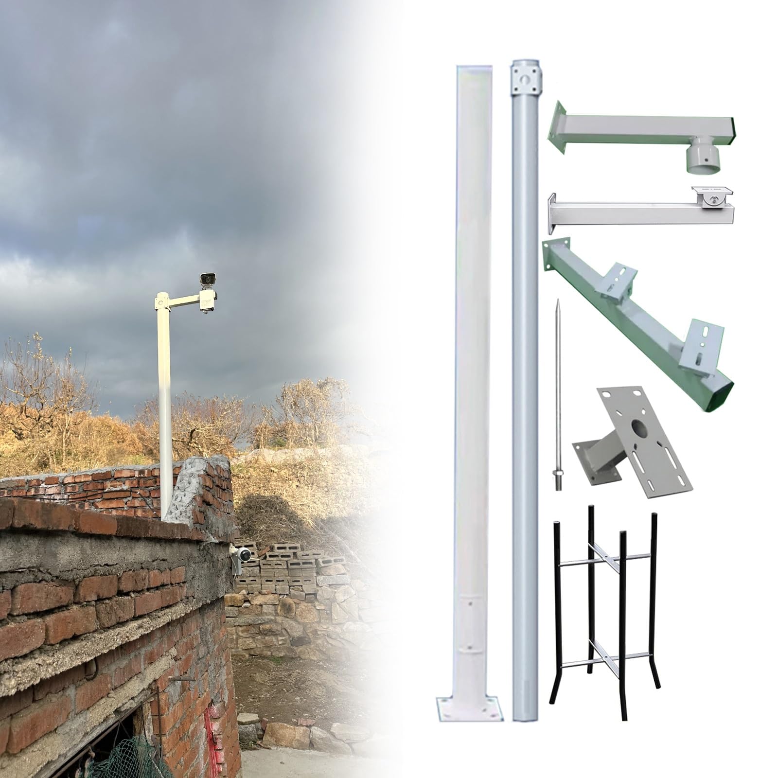 MRVAKDYDI Weatherproof Steel Surveillance Post, Galvanized Steel Surveillance Pole With Brackets And Ground Cage, White, 8.2-19.6ft(H 300cm/9.8ft(2 Sections))