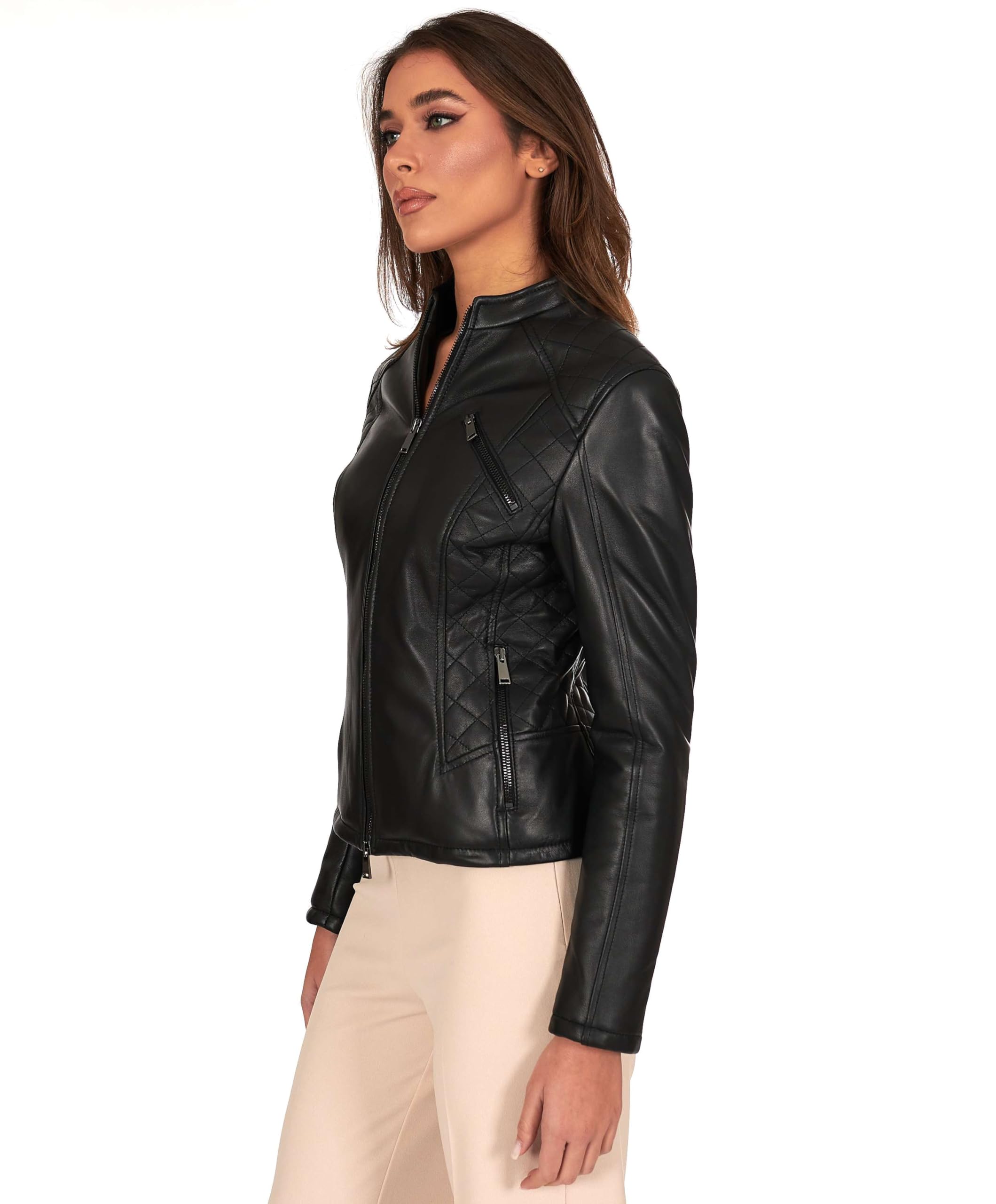 D'Arienzo Giacca in Pelle Donna Nera Trapuntata Giubbino Biker Giubbotto Moto Vera Pelle Made in Italy GENY