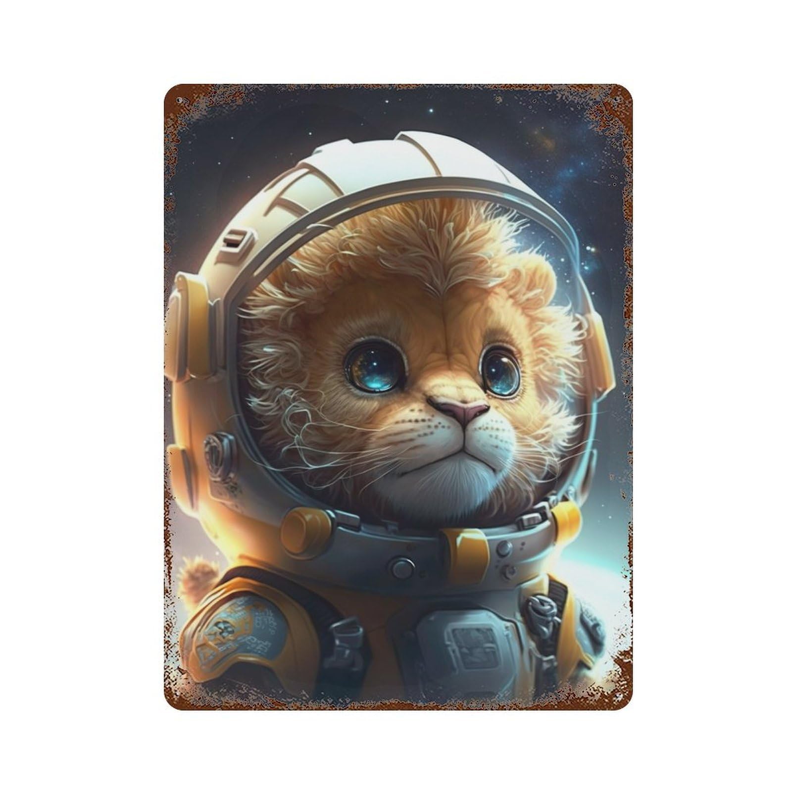 Astronaut Space Lion Aged Metal Wall Plaque 15.7"x11.8", Old School Wall Decor for Garage, Bar And Workshop Decor