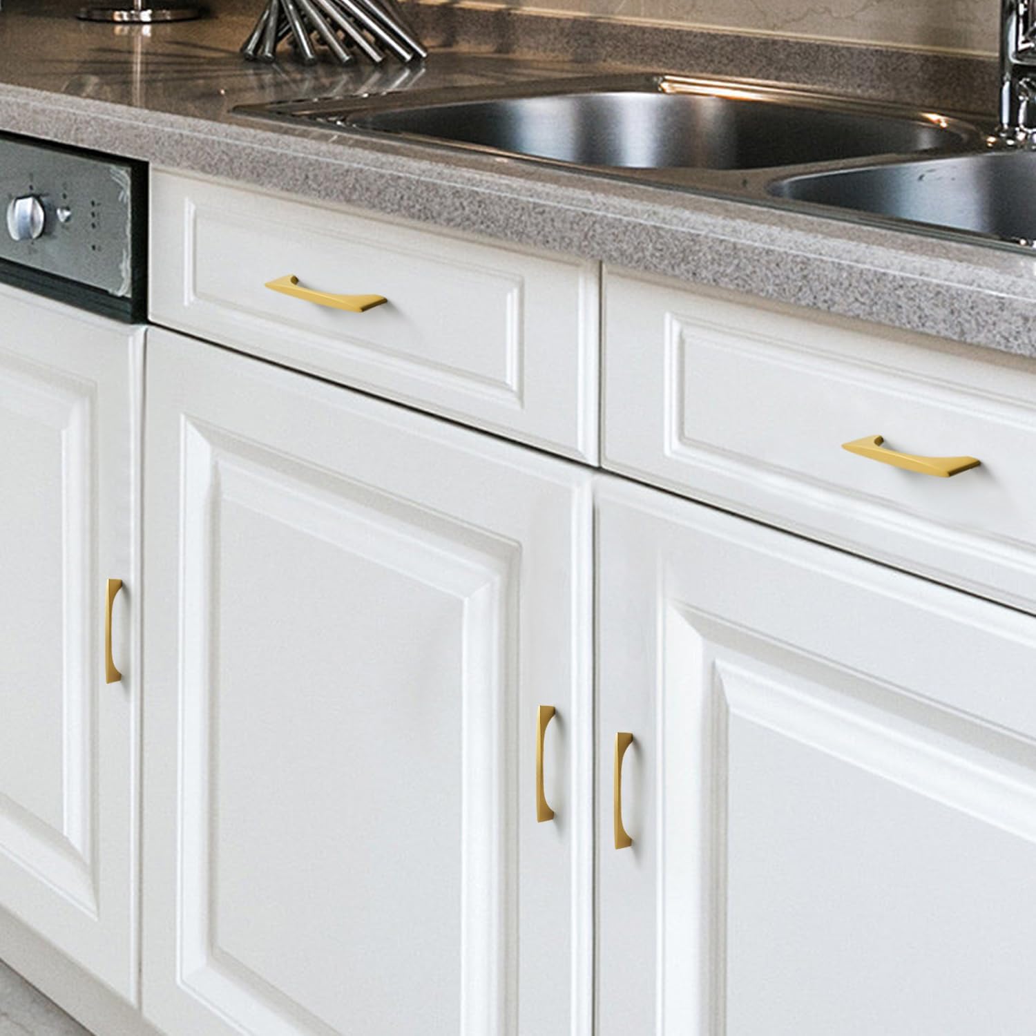 8 Pack 5 Inch Hole Centre Vintage Retro Antique Cabinet Drawer Pulls Handles for Dresser Drawers Bathroom Cabinet Hardware, Brushed Brass, L