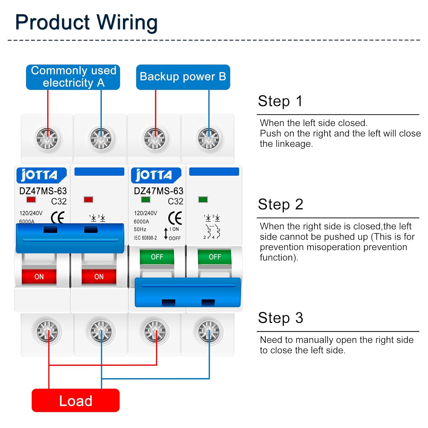 JOTTA MTS Manual Transfer Switch Dual Power Circuit Breaker 32A (Dual 2-Pole, 32 amp, DZ47MS-63)