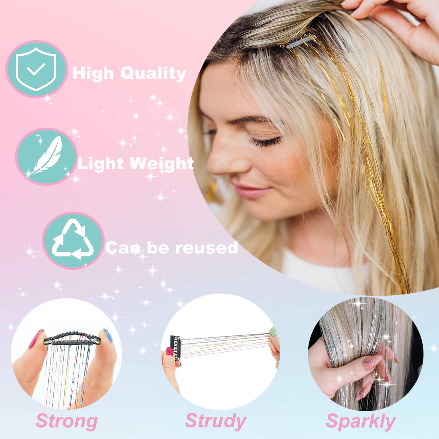 Kit de 18 piezas de oropel con clip, extensiones de cabello de oropel con purpurina de 20 pulgadas, accesorios para el cabello brillante de hada de oropel para mujeres y niñas (colorido) 4