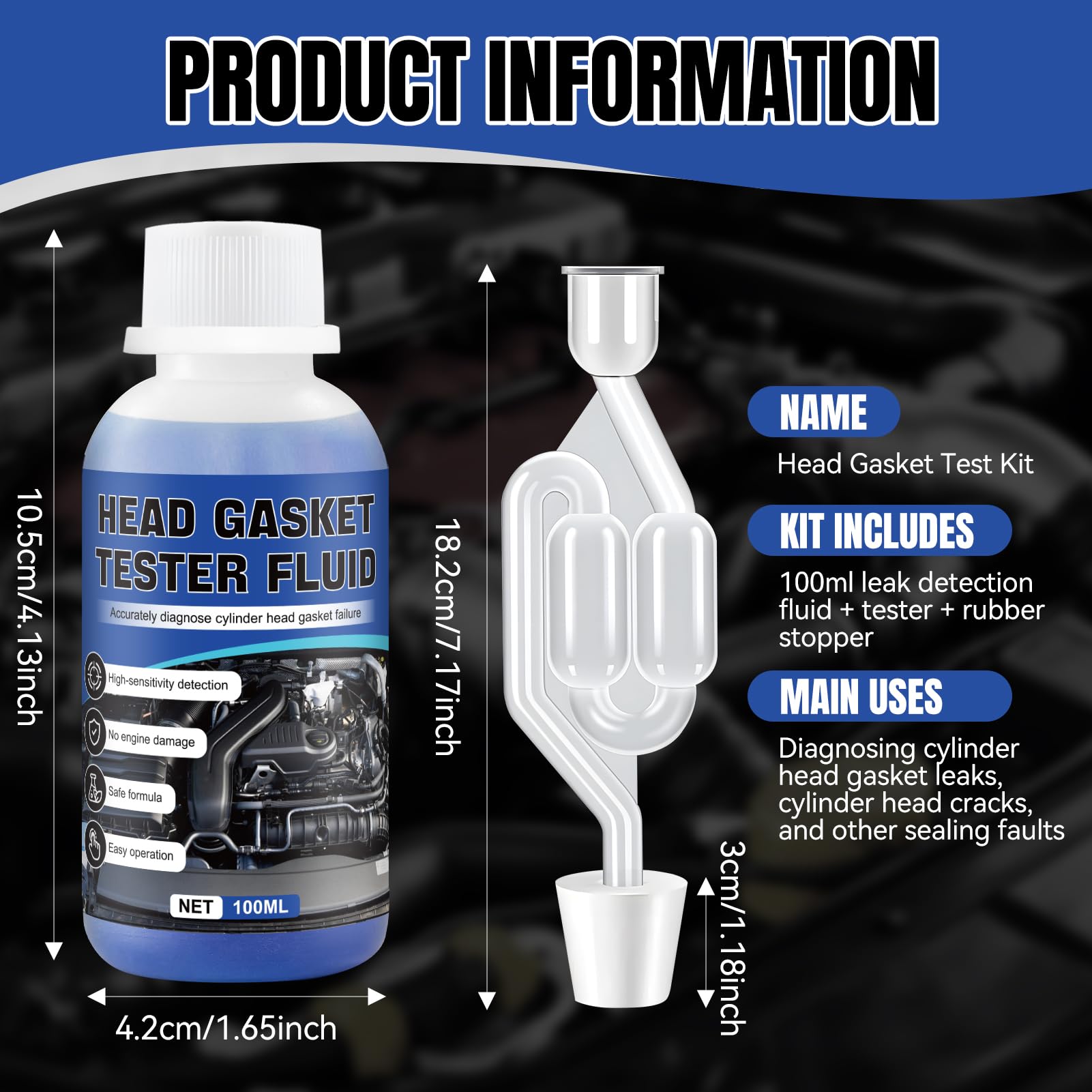Tester di Guarnizione a Testa Cilindrica,Tester per Guarnizione Testata CO2,Test Guarnizione Testata Bruciata,Diagnostica Rapida Precisa,Kit Universale Rilevatore di Perdite CO₂ per Auto e Moto 100ml