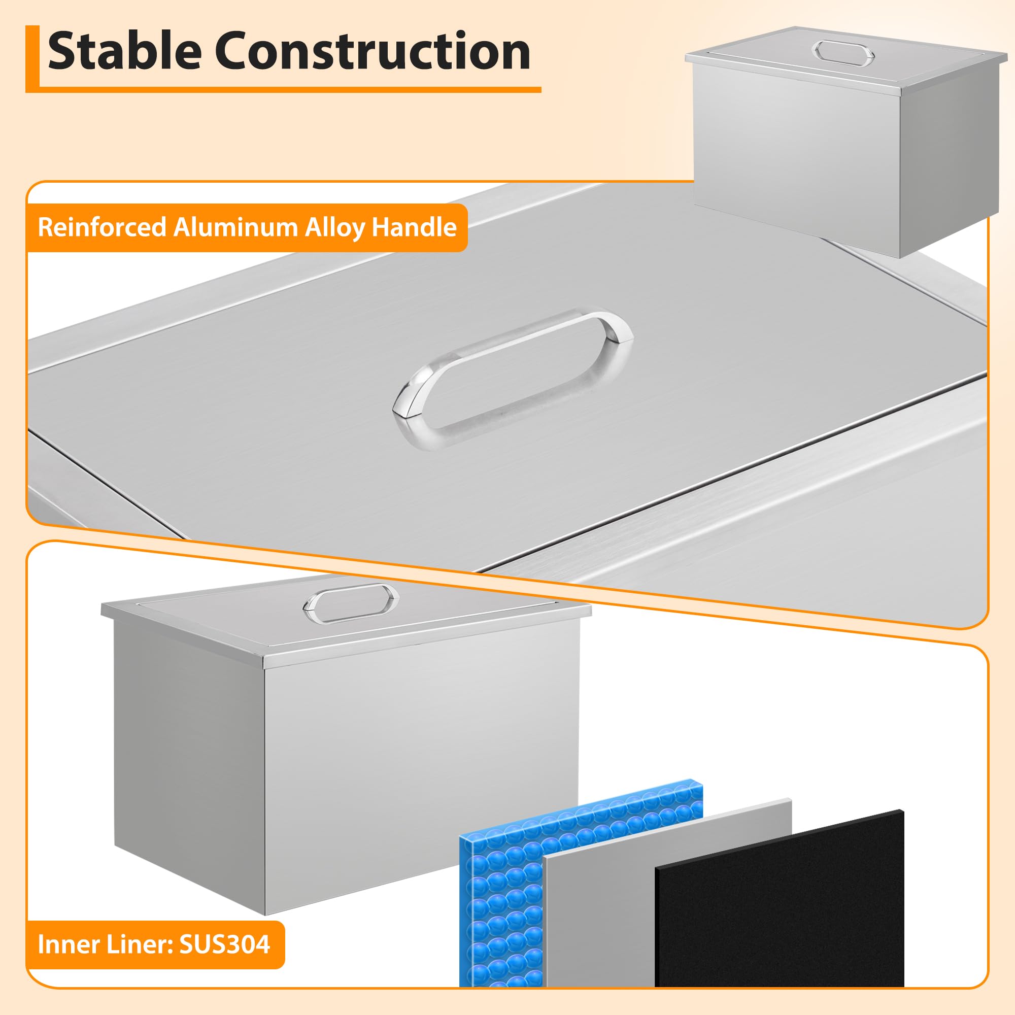 Edelstahl Einbau-Eisbox 51 × 33 × 31 für Outdoor-Küche & Party, Ablaufrohr & Stöpsel, Ideal zur Kühlung von Eis, Getränken, Wein & Bier, Tragbarer Deckel, Silber