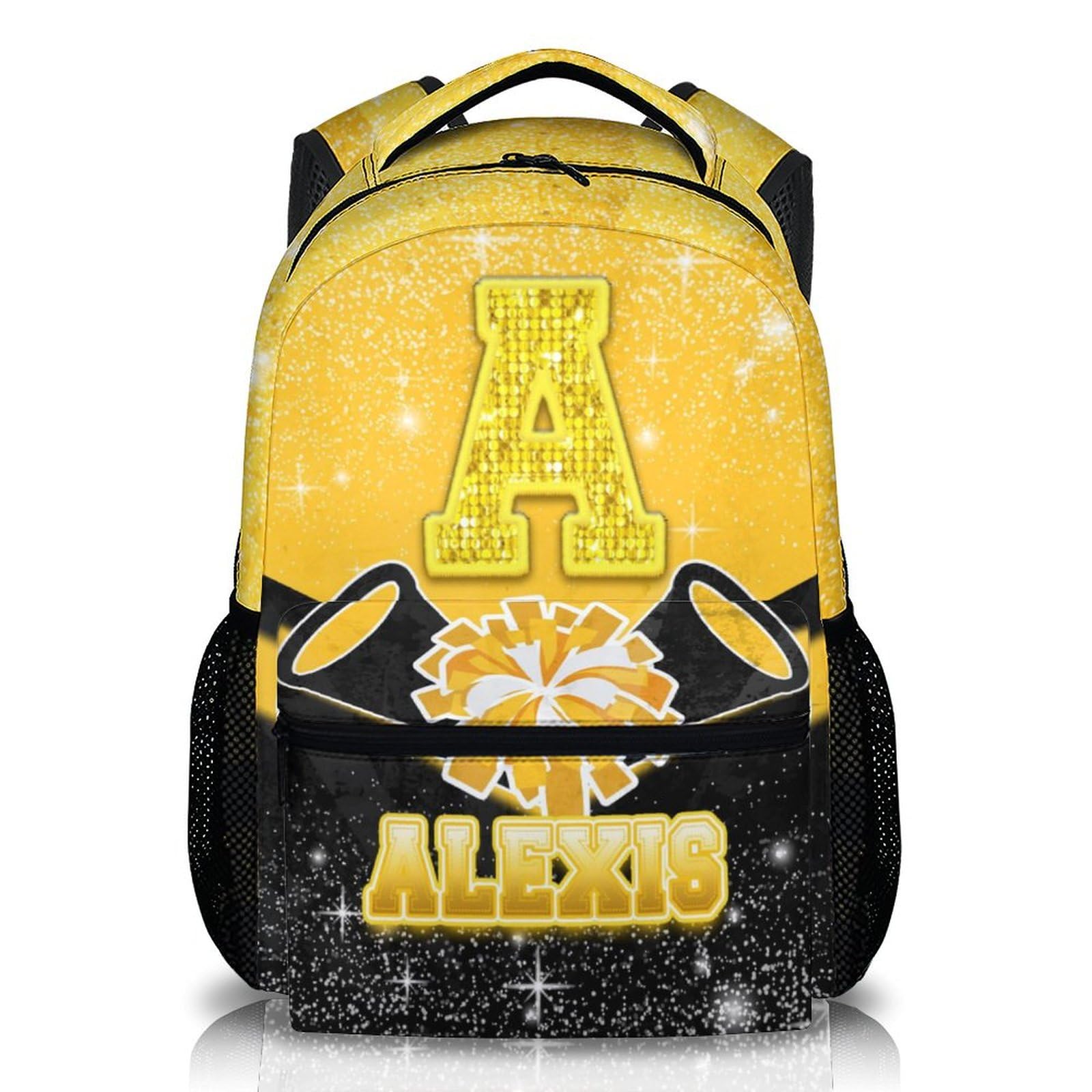 Custom Cheer Backpack for Kids Girls - Personalized Cheer Bookbag with Initial Name for Elementary Kindergarten Preschool - 17 Inch Yellow Monogram
