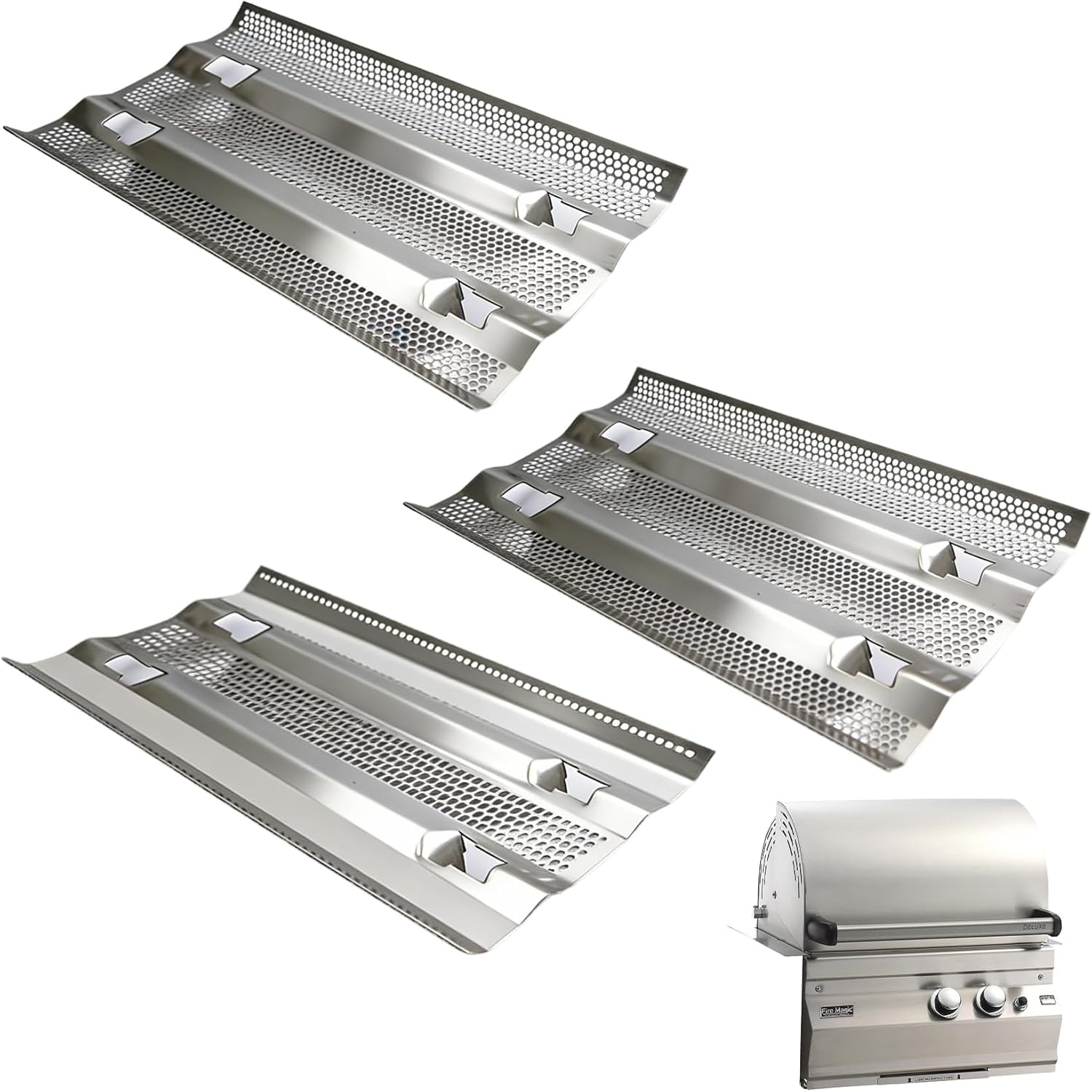 SafBbcue Heat Plates for Fire Magic Grill, Heat Plates Flame Tamer for Fire Magic 15-S1S1N-A, 15-S2S1N-A, 25-S1S1N-62, 25-S1S1N-71, 25-S2S1N-62, 25-S2S1N-71, 3 Pack Stainless Steel Replacement Part