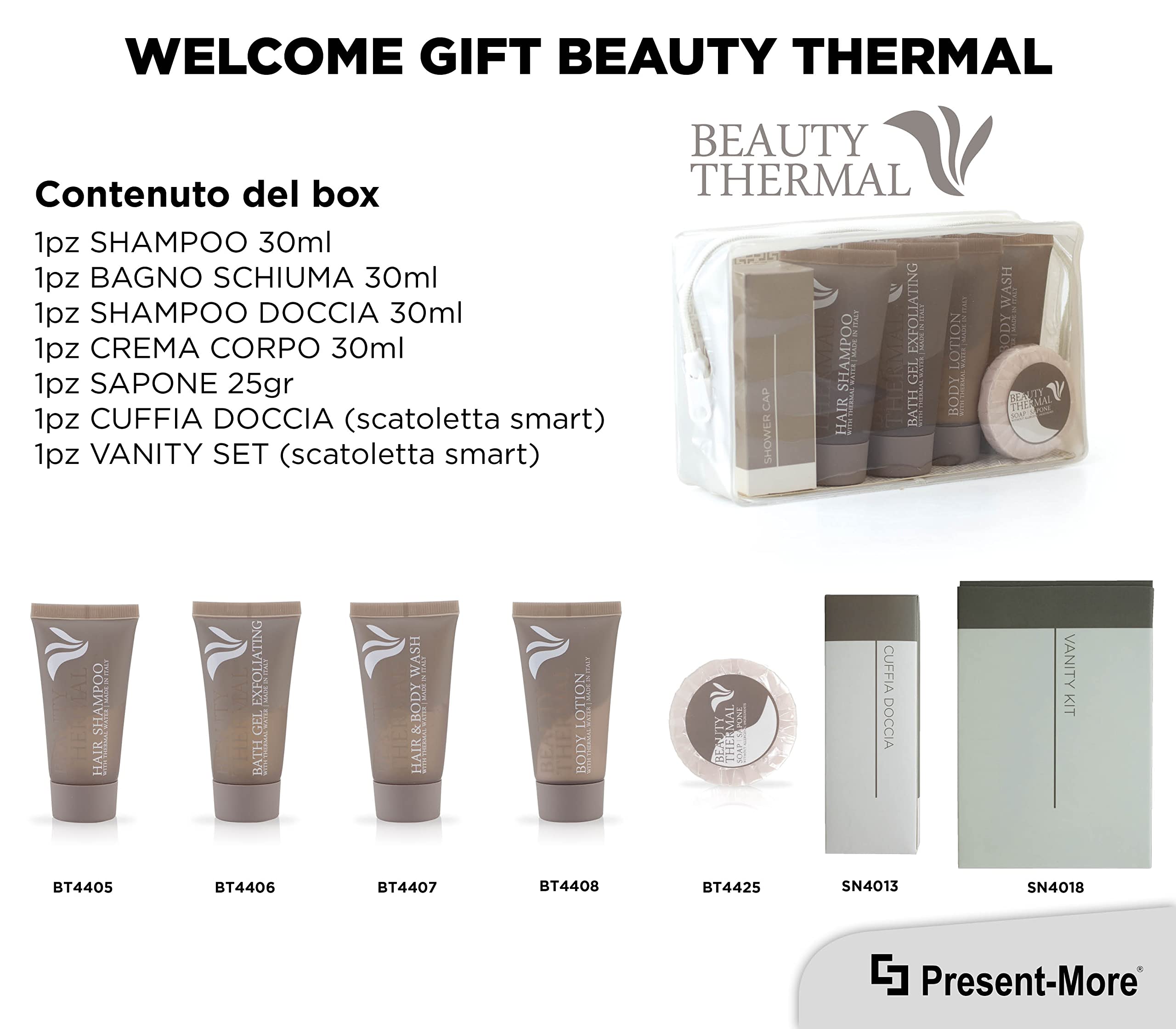 Present-More Amenities Kit Beauty Thermal - Welcome Gift Toilettenartikel 24 Gäste für Hotels und B&B | Allergenfreie Amenities Kit mit Duftnote Orange und Zimt | Duft Orange und Zimt - Shampoo, Duschgel, 2-in-1, Creme, Seife und Zubehör - Made in Italy -