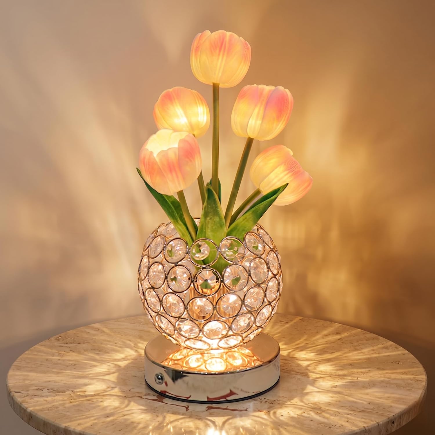 Tulip Night Light with Dazzling Crystal-Like Base, 3-Color Touch Control Flower Lamp, Stepless Dimming Rechargeable Floral Table Lamp, Aesthetic Romantic Gifts for Women Mom Wife (Pink)