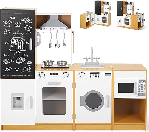JOYLDIAS Juego de cocina para niños, juego de cocina de madera con sonido y luz reales, máquina de hielo, horno, lavadora, pizarra, combinación
