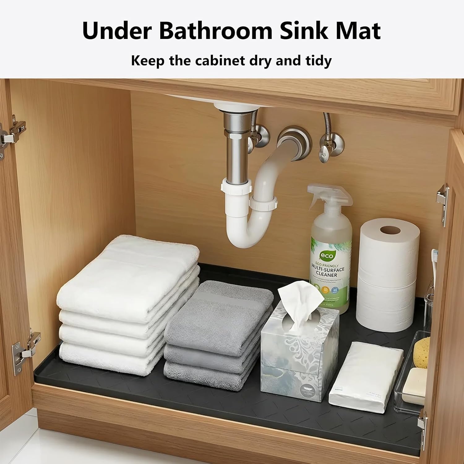 Mateeylife Under Sink Mats for Kitchen Waterproof 34"X22", Undersink Protectors，Silicone Mat Cabinet Liner, Under Sink Organizer for Bathroom and Kitchen，Boot Tray Pet Food Mat, Classic Black