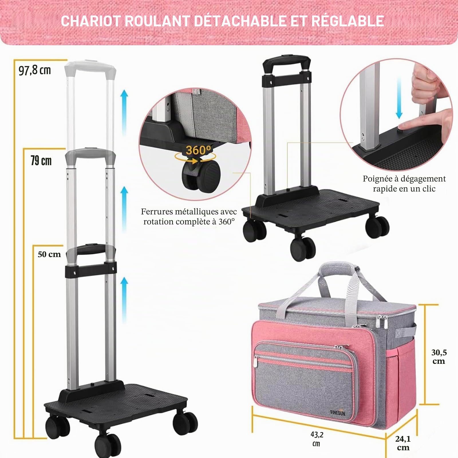 Étui de transport pliable pour machine à coudre avec roulettes, pour Brother, Singer, Bernina et la plupart des modèles (rose, roues)