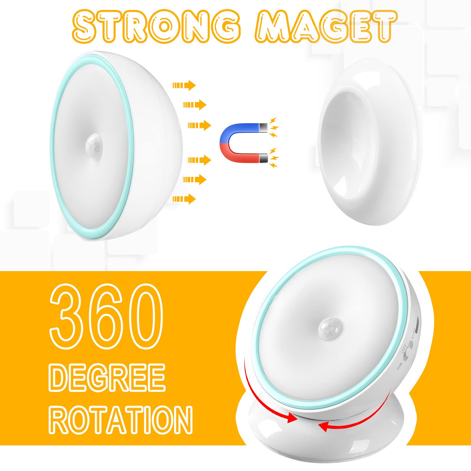 2 luci notturne a LED con sensore di movimento, senza fili, piccole luci da parete con base girevole, per cabine da crociera, corridoio, camera da letto, cucina, armadio, scale, luce bianca (ricarica)
