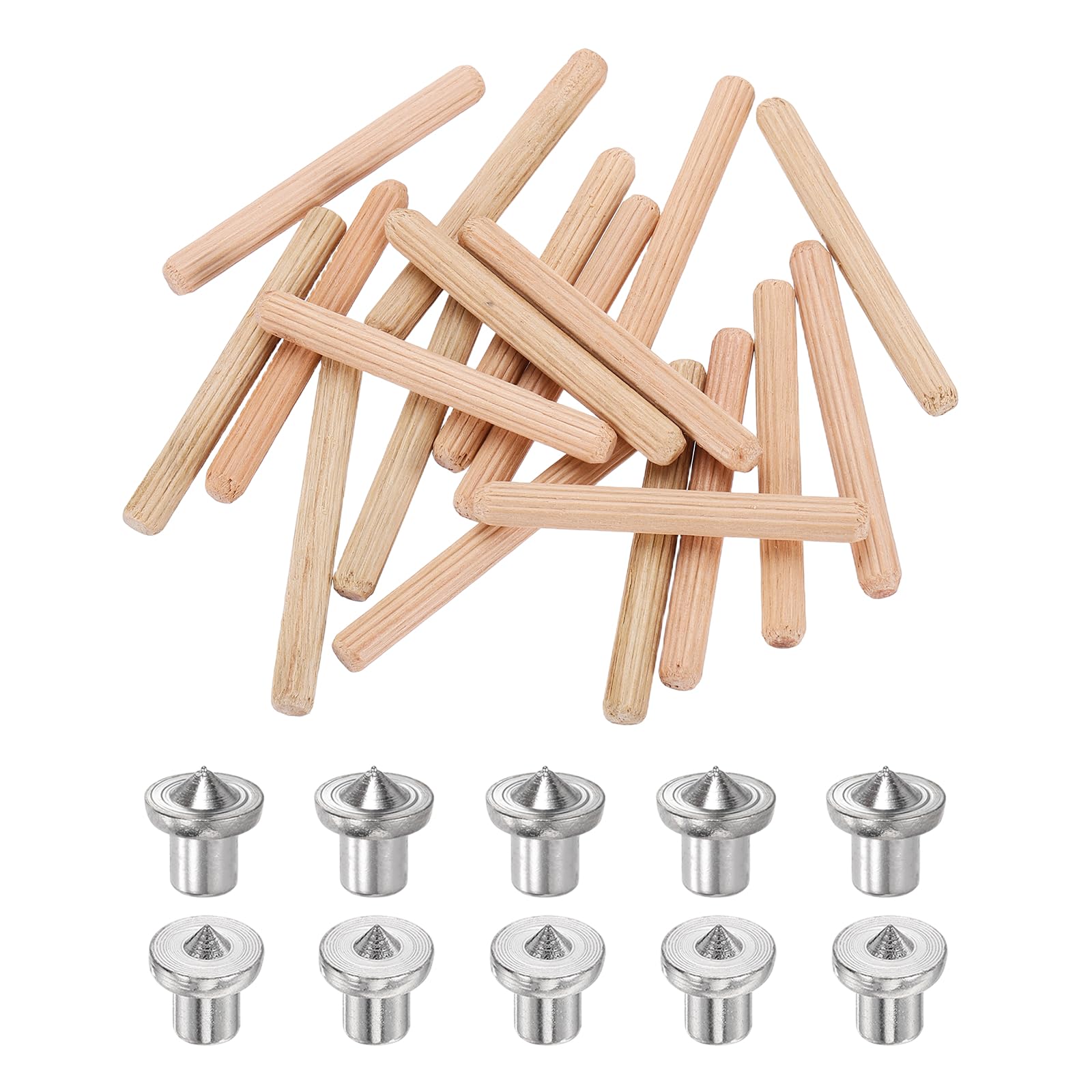 sourcing map 200Pcs Wood Dowel Pins, 5 x 45 mm Wooden Dowel Rods Straight Grooved Pins with 10Pcs Solid Hollow Dowels Tenon Center Transfer Plugs for Furniture Woodworking DIY Project