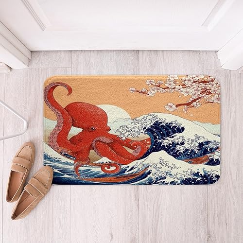 Miniatura 4 de Alfombra de baño con diseño de flor de cerezo, alfombra de tentáculos de pulpo, 16 x 24 pulgadas, alfombra de baño con olas de mar japonesas,