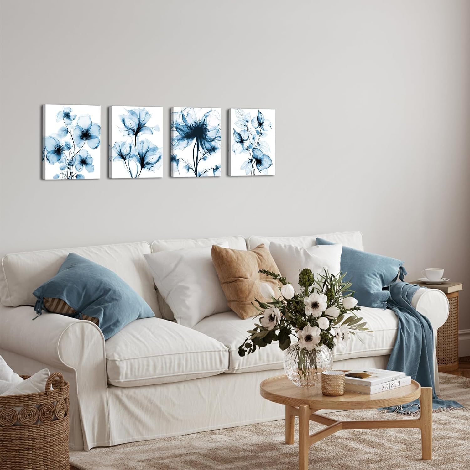 KREATIVE ARTS Blue Flickering Flower Canvas Wall Art - Modern Abstract Paintings, 4 Pcs, 12x16 Each, Graceful Floral Pictures, Gallery Wrapped for Living Room, Bedroom, Office Home Decor