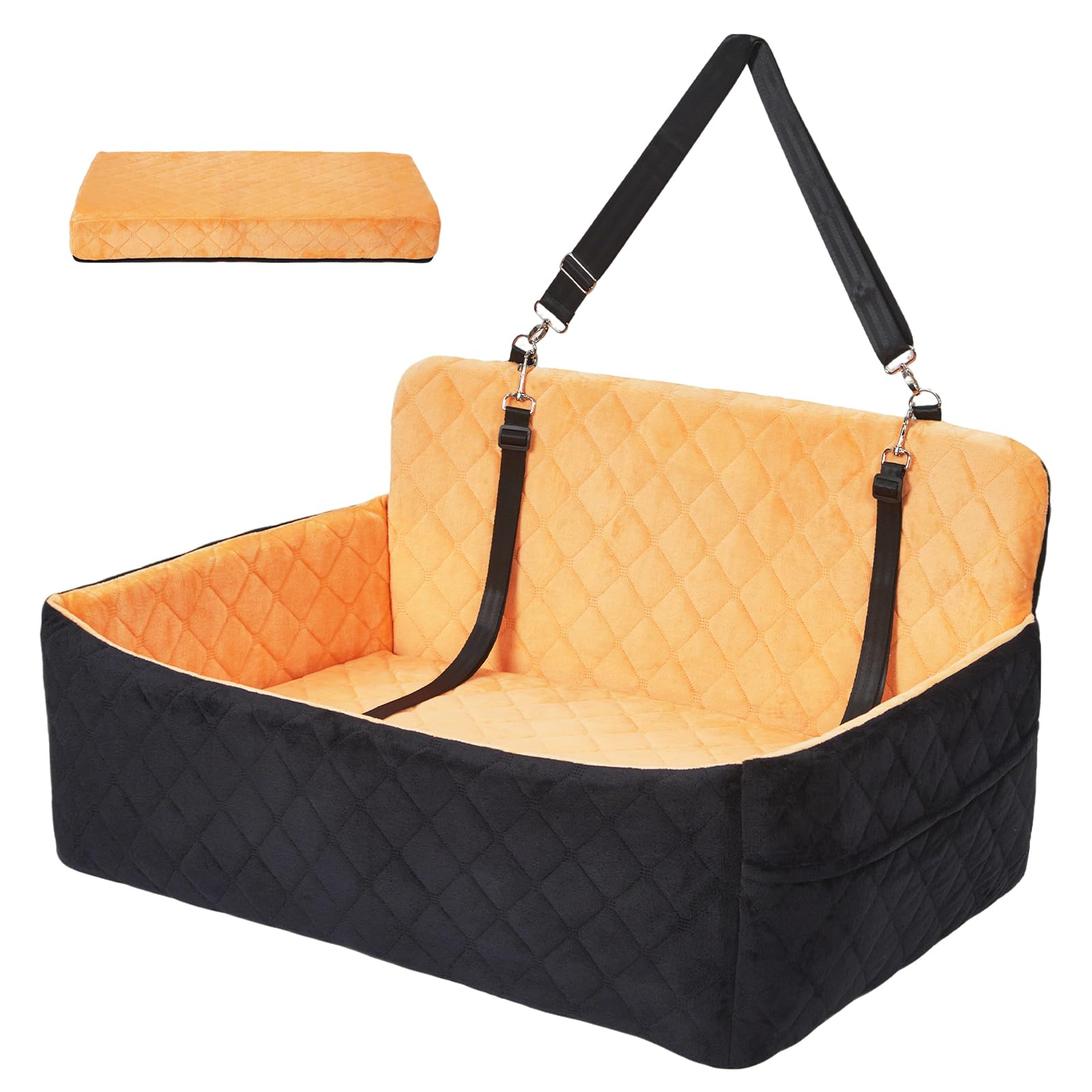 Aptliton Large Dog Car Booster Seat Up to 55lbs, Waterproof Pet Car Seat with Memory Foam, Non-Slip Bottom & Storage Pockets, Detachable Washable Dog Travel Bed for Car Back Seat Trunk Indoor, Brown