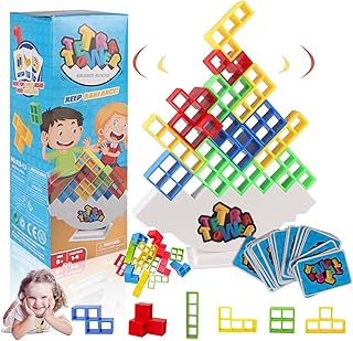 DENGWANG Team Tower Game for Kids & Adults, Stacking Block Puzzle Toy-Balance Game, Tetra Tower Stacking Game, Team Tower Game for Team Building, Family Parties, and Travel (64 Blocks + Base)