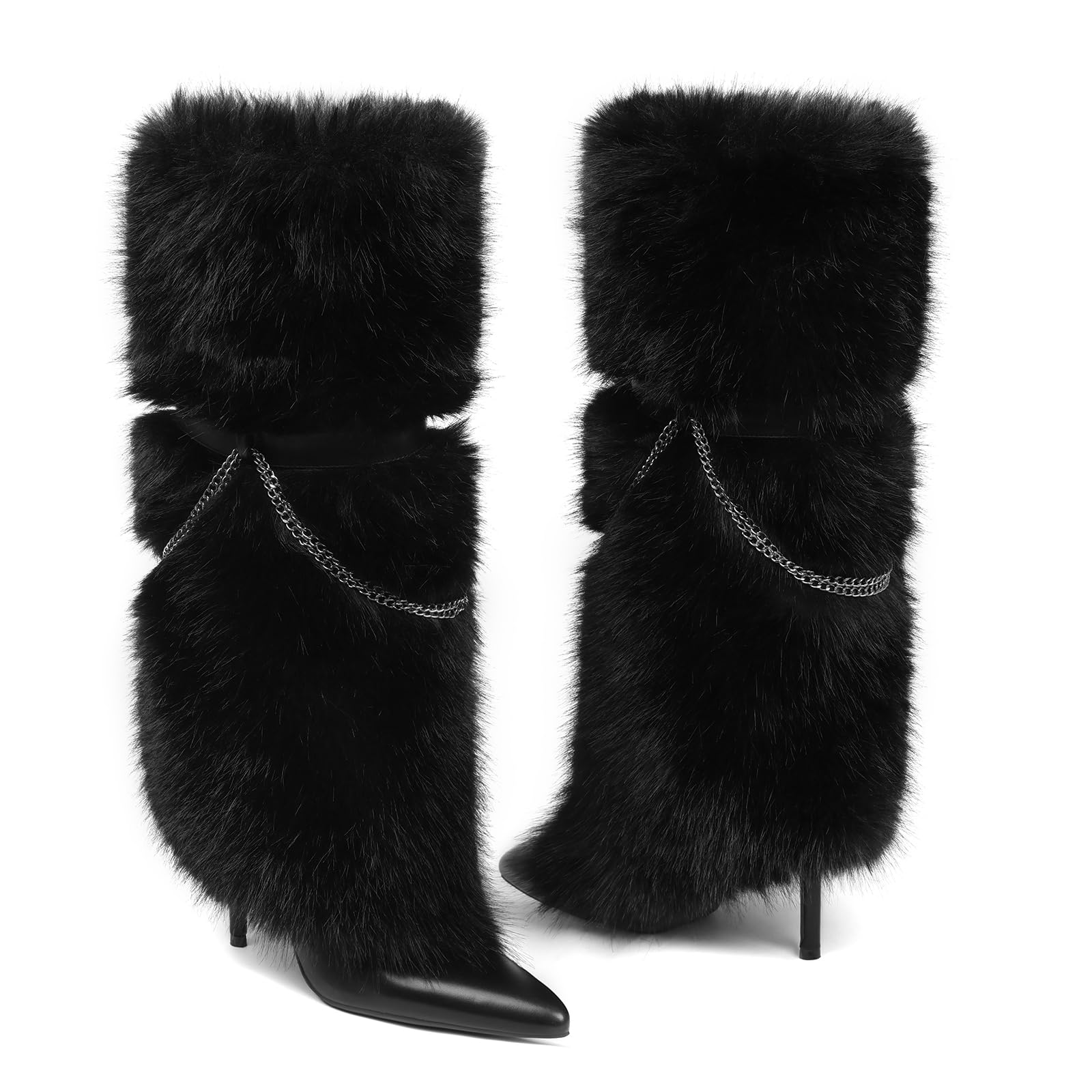 Women Fur Boots Knee High Fold Over Fuzzy Boots Stiletto High Heel Wide Calf Pointed Toe Boot Party