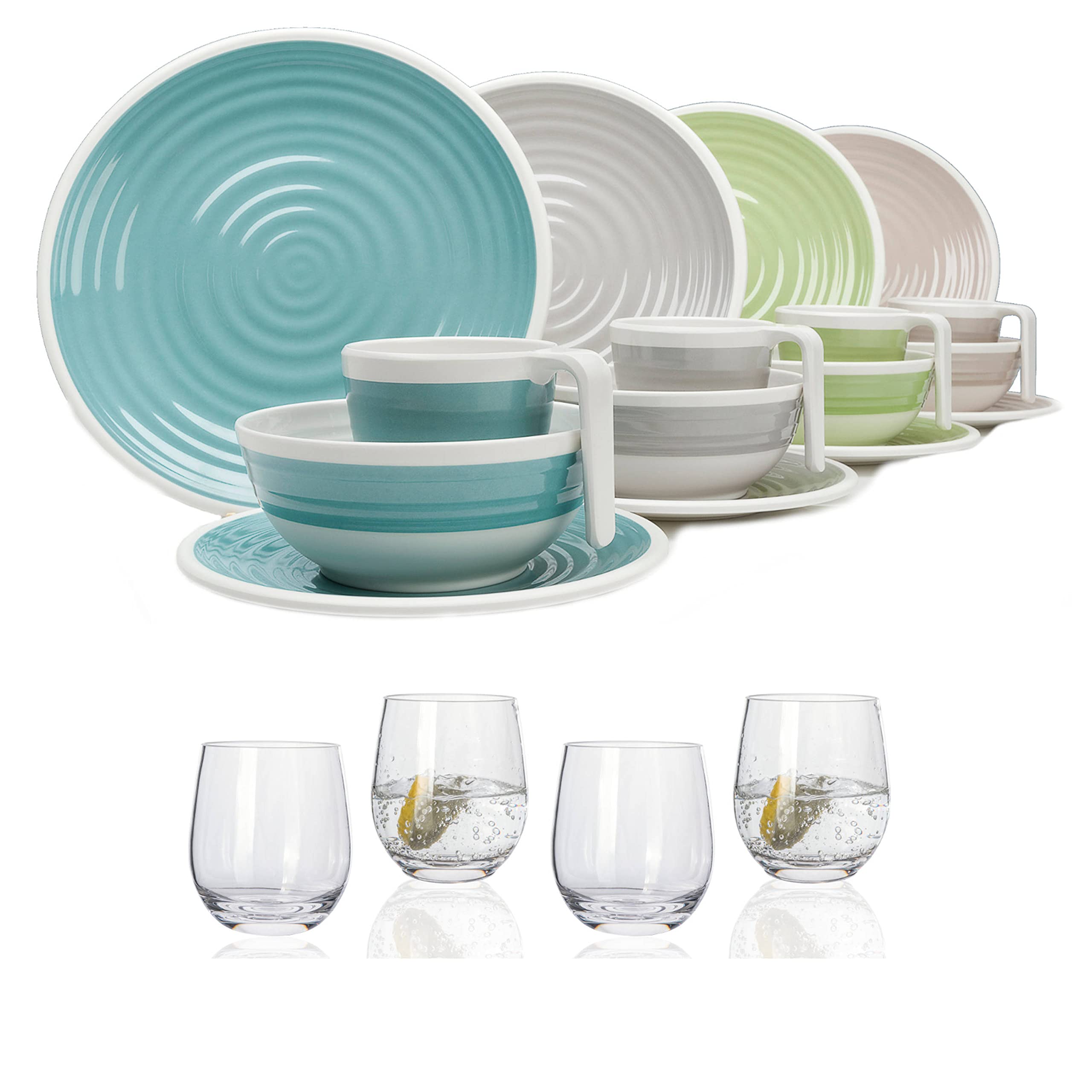 Vajilla de melamina para camping, 4 personas, armonía, 16 piezas + 4 vasos de agua, vajilla de pícnic, barbacoa
