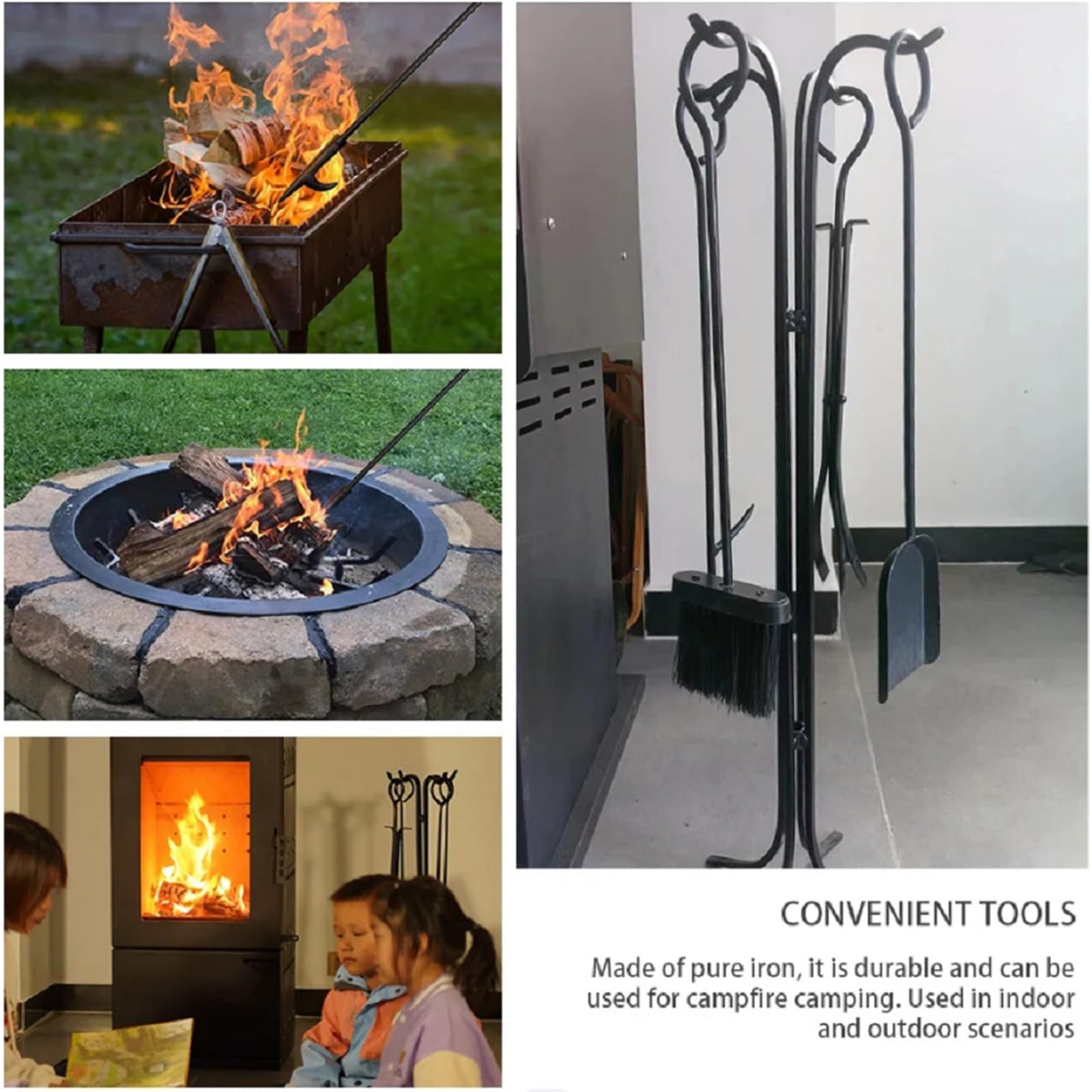 Juego de Limpieza de Chimenea de Hierro Forjado de 5 Piezas. Incluye Pala para Cenizas, Escoba, recogedor y Pinzas. Herramientas específicas para Chimenea. Color Negro. Estilo B.