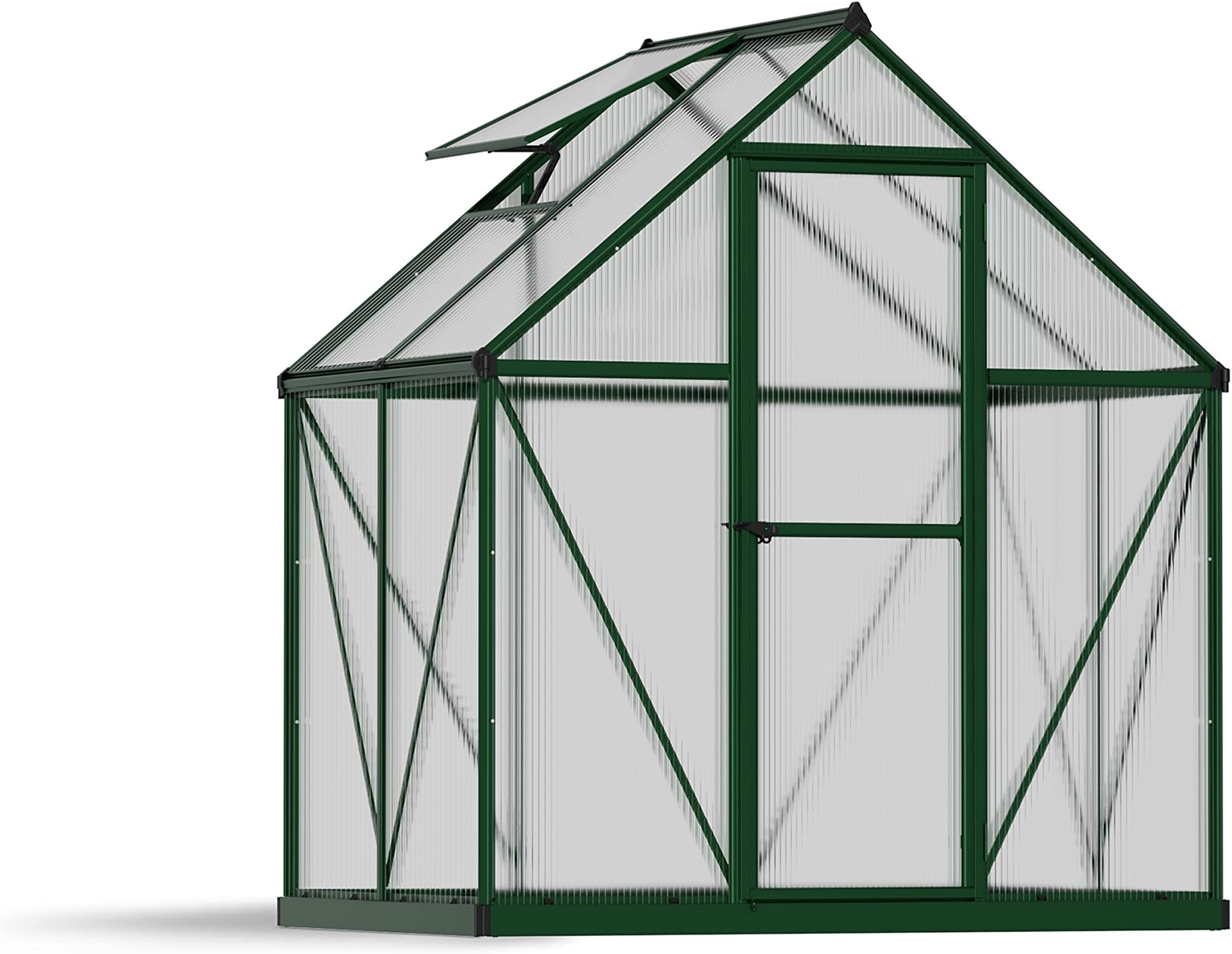Canopia 6x4 Greenhouse Kit, Hobby Walk-In Twin-Wall UV Polycarbonate Heavy Duty Aluminum Frame, Lockable Door, Adjustable Roof Vent, Rain Gutters, Galvanized Steel Base, Canopia Mythos (Green)