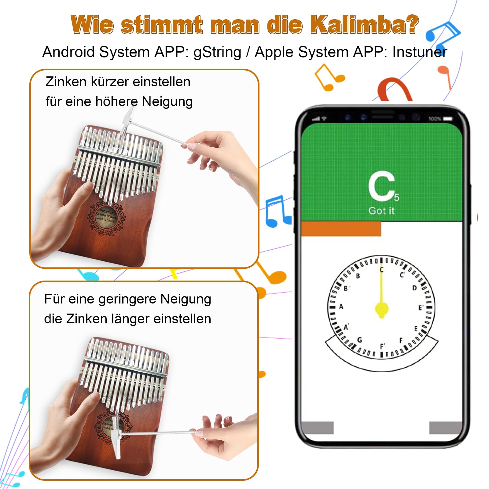 Kalimba - 17 Keys Instrument Mit Lernwerkzeuge, Finger Percussion, Professionelles Daumenklavier für Kinder, Erwachsene und Musikliebhaber (Braun)
