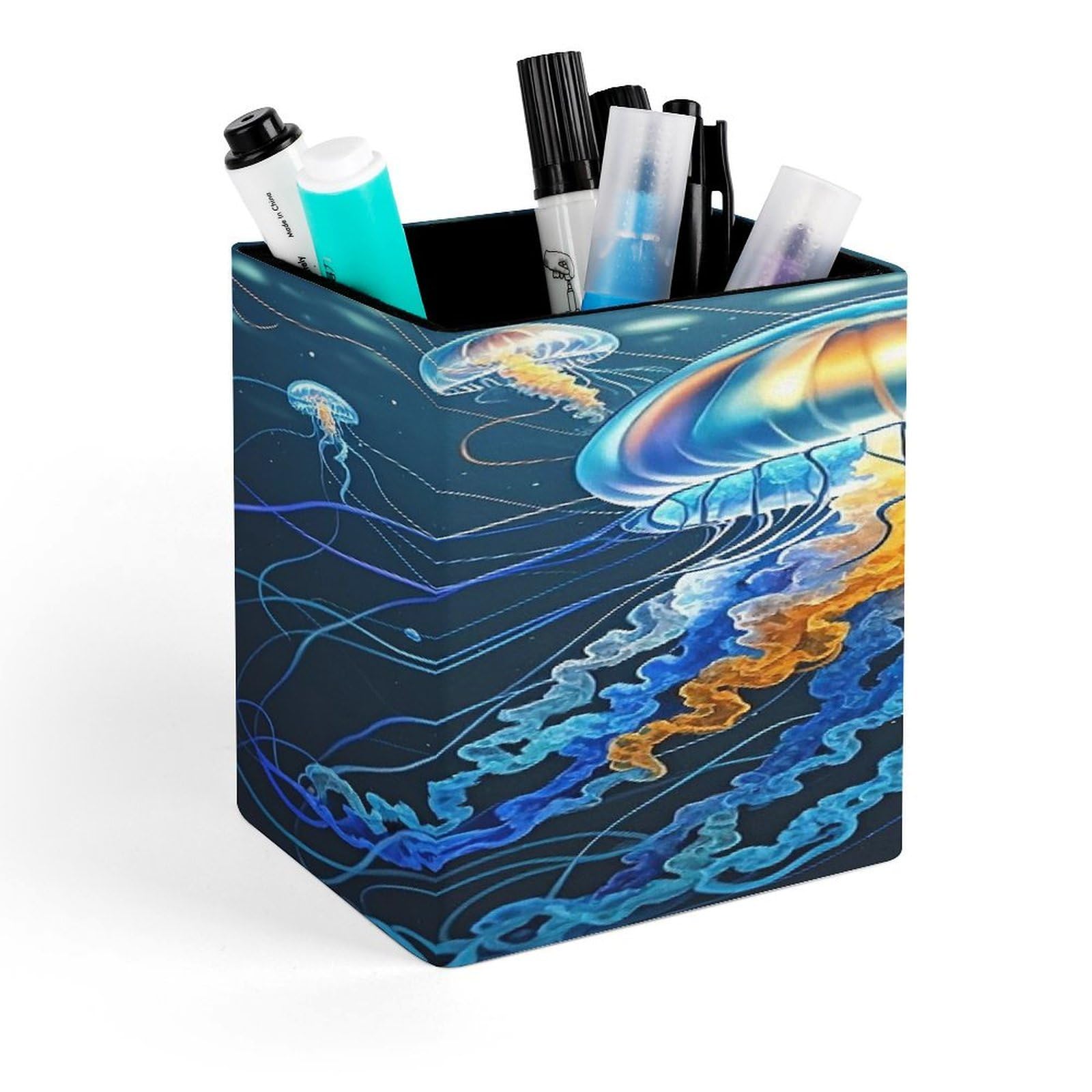 FekiLoot Color Jellyfish Pencil Holder for Desk Square Leather Pen Holder Cup Desktop Organizer Multi-Functional Pencil Cup Holders Modern Decorative Desk Organizer Caddy Makeup Brush Holders