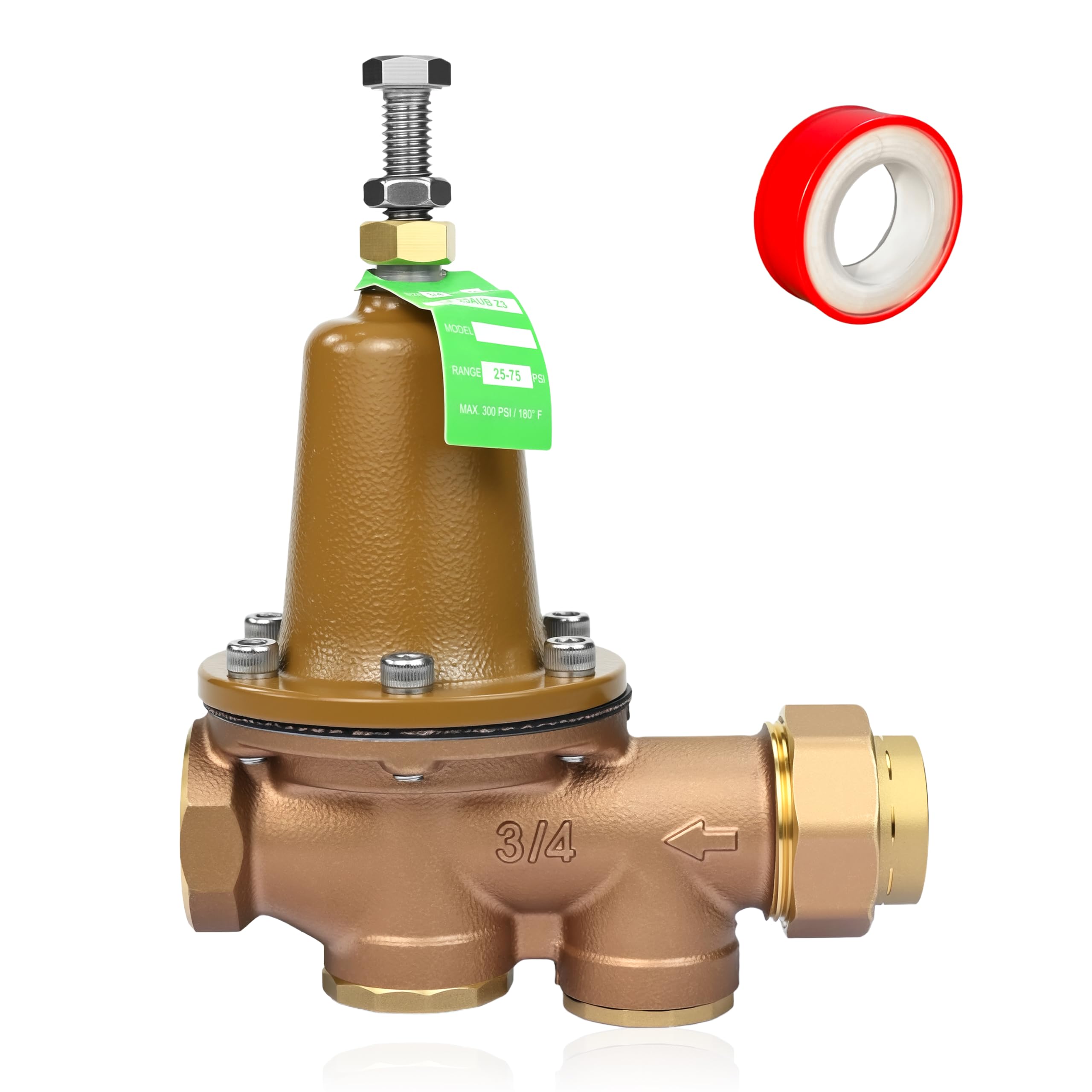 Photo 1 of LF25AUB-Z3 Pressure Reducing Valve, 3/4 Inch Water Pressure Regulator Valve Adjustable 25-75 PSI Factory Preset 50 PSI, NPT Female Union x NPT Female