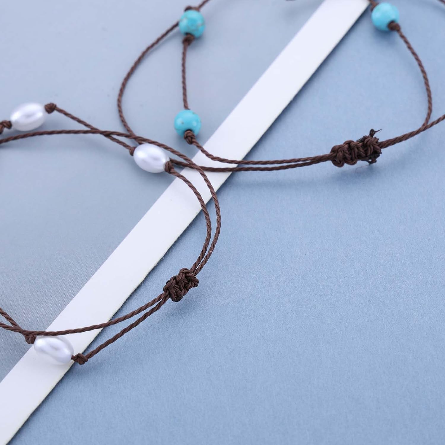 Bohemian Turquoise Pearl Anklet Bracelet Brown Pearl Woven Rope Turquoise Bead Ankle Bracelet Small Pearl Chain Anklet Adjustable Wax Anklets Summer Beach Foot Chain Jewelry for Women - Image 4