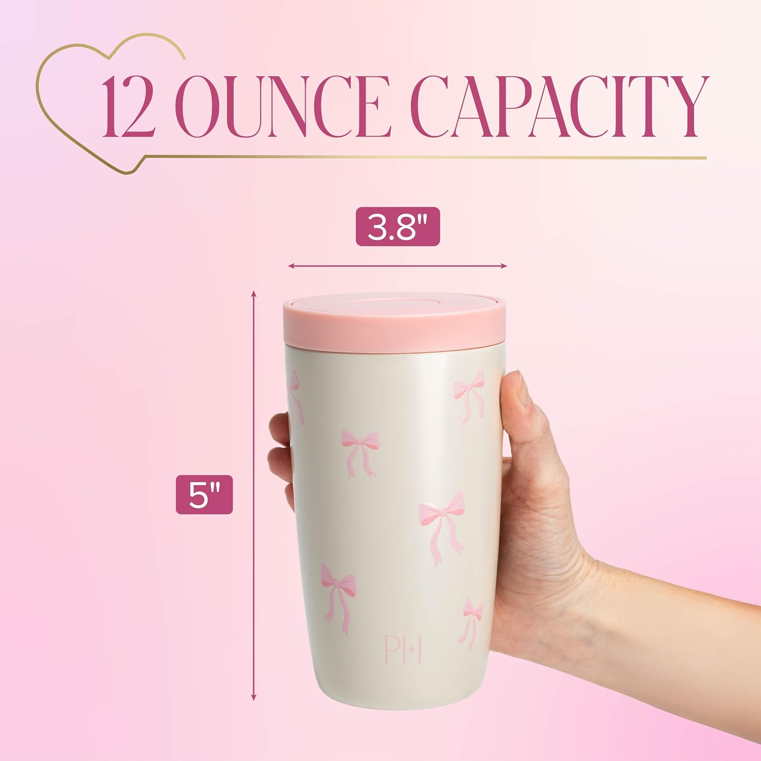 Paris Hilton Insulated Travel Coffee Mug, 12 oz Vacuum Insulated Double-Wall Stainless Steel Mug with Ceramic Coated Interior, Spill-Proof Push Button Lid, Cream