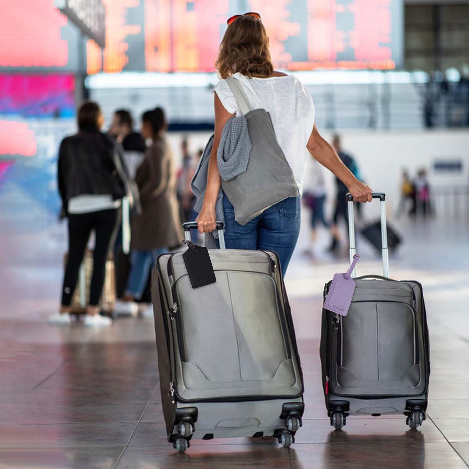 2 Pack Leather Luggage Tags Travel Luggage Name Tag Bag Tags Leather Suitcases Tags for Luggage Id Tags with Cover Privacy Protection Suitcase Labels Travel Accessories (Black & Purple) - Image 2