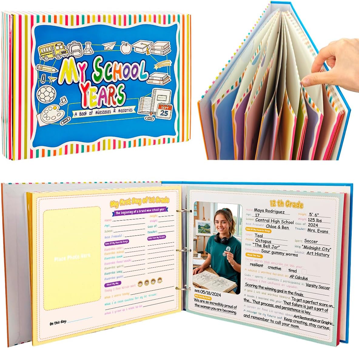 ALKB School Memory Book - Preschool to 12th Grade School Year Keepsake Scrapbook, Memories Photo Album with Pocket to Record Childhood Milestones, First & Last Day Growth Moments