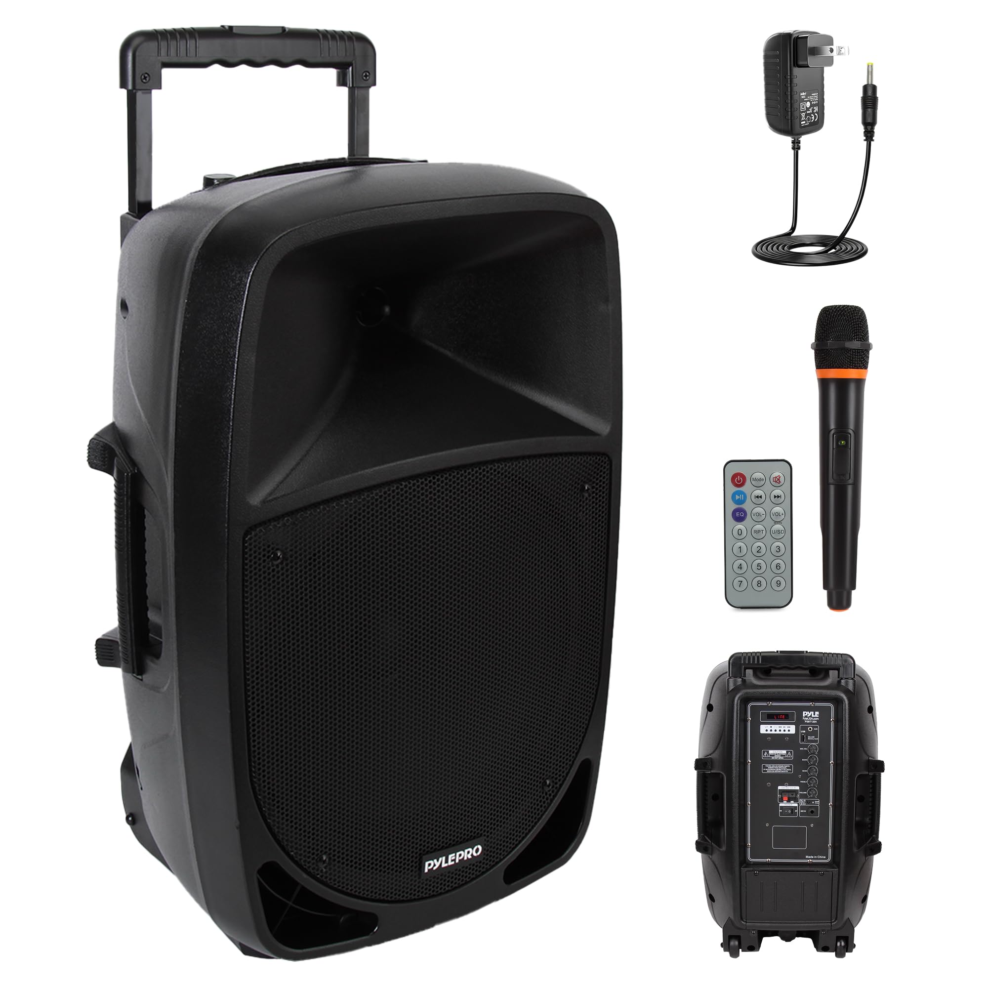 1200W Portable Bluetooth PA Speaker - 12’’ Subwoofer, LED Battery Indicator Lights W/Built-In Rechargeable Battery, MP3/USB/SD Card Reader, and UHF Wireless Microphone - Pyle PSBT125A,Black