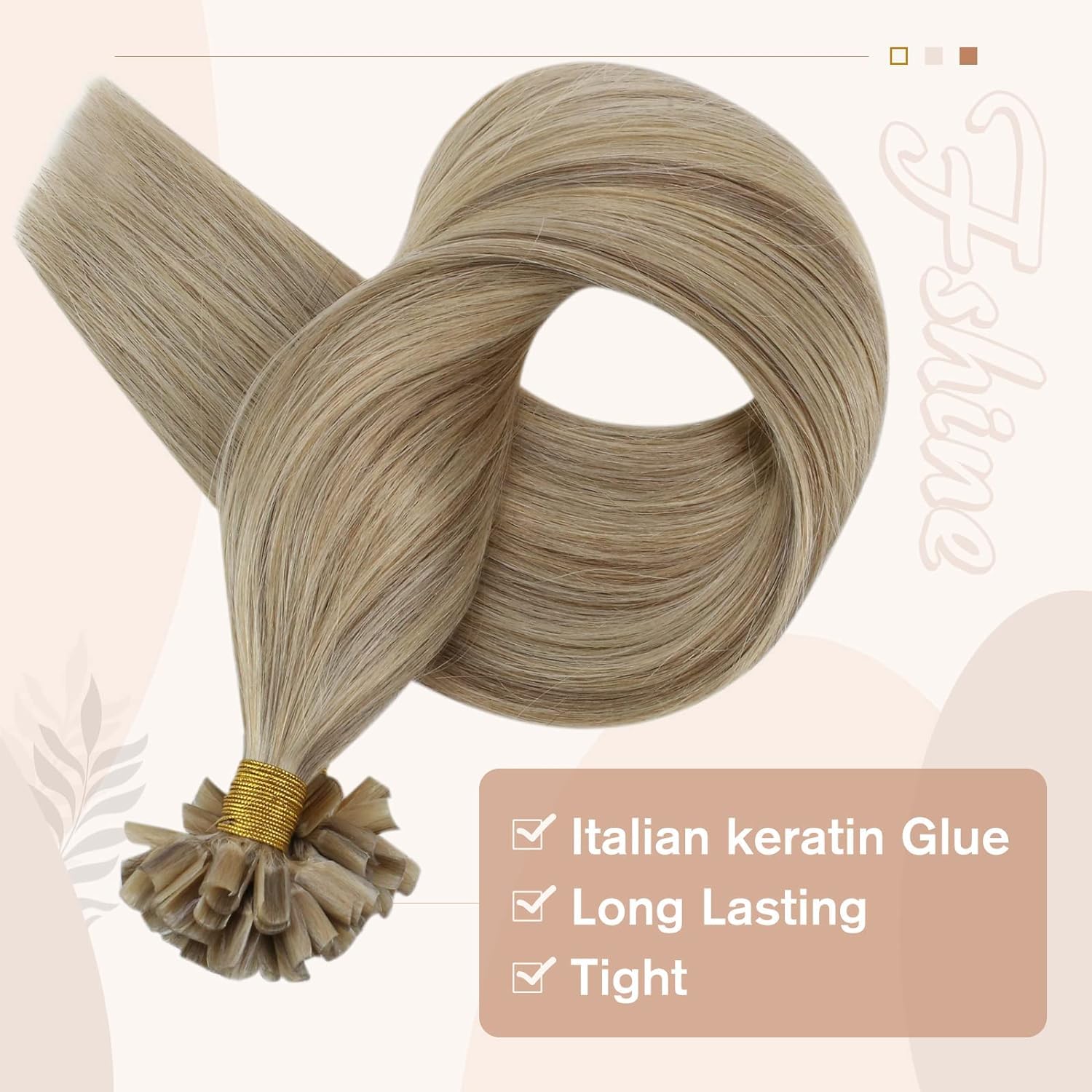 Fshine Keratin Bonding Hair Extensions Real Human Hair Dark Ash Blonde with Golden Blonde Remy Straight Pre Bonded Fusion Extensions 22Inch 50g/50s - Image 4