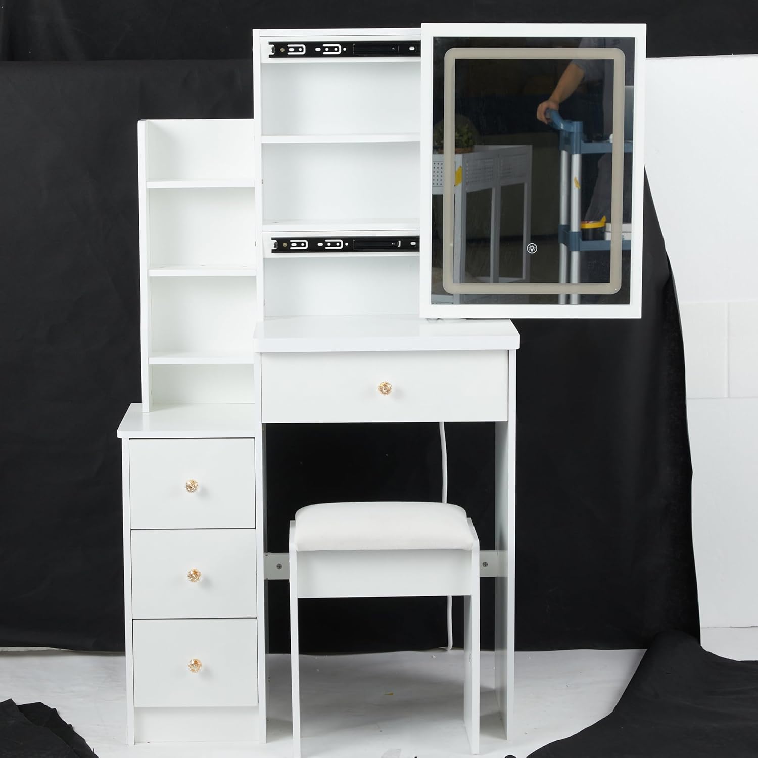 Maximize Space with Small Bedside Cabinet Vanity Table Set, Adjustable LED Mirror 3 Color Options, White