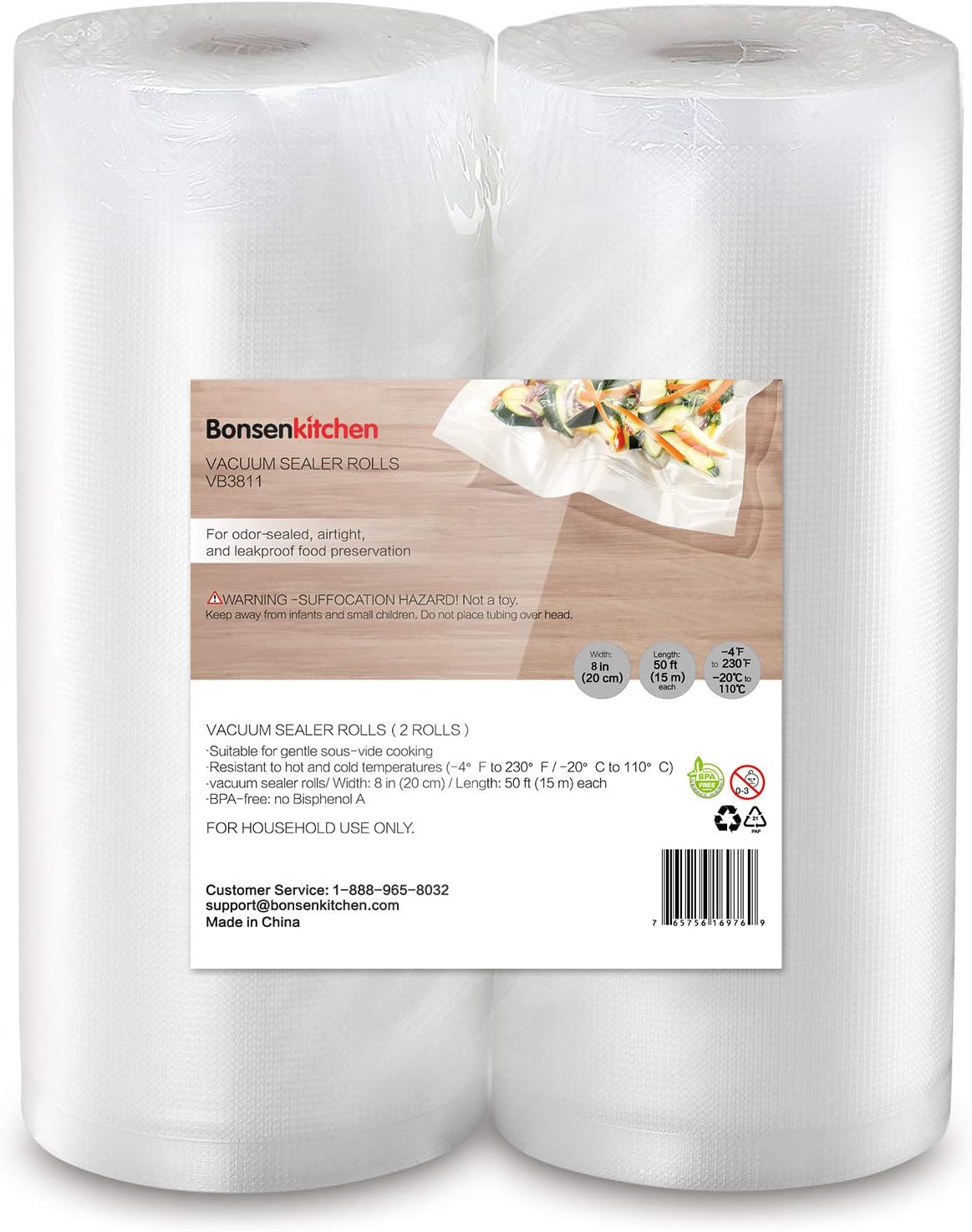 Bonsenkitchen Food Bags Rolls, 2 Pack 8" x 50' Sous Vide Cooking Bags (Total 100 feet), BPA Free 8 Inch Customized Size Food Vacuum Sealer Bags