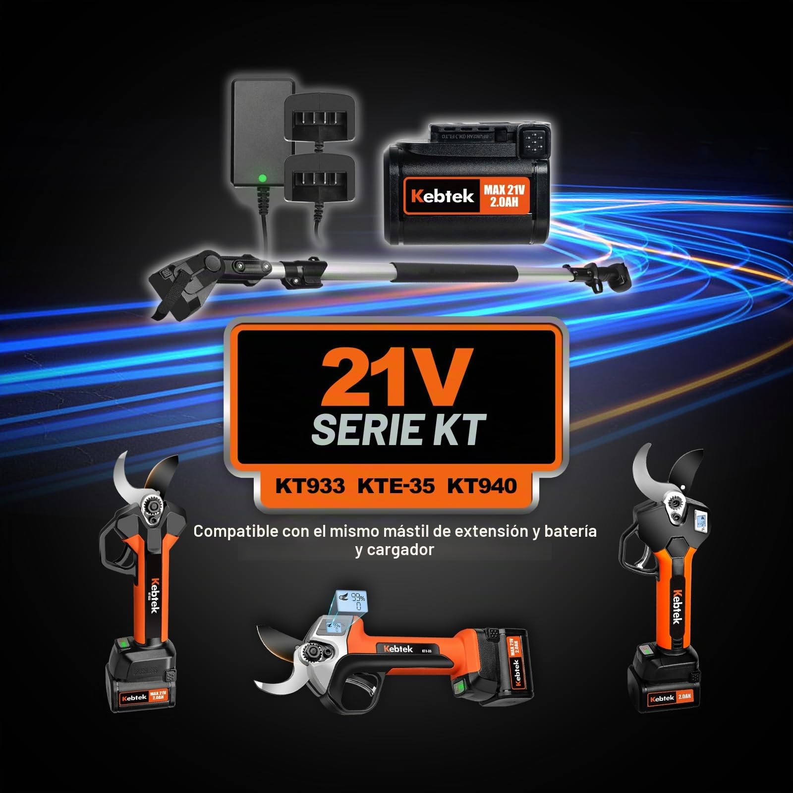 Vara Telescópica Kebtek Para Tijeras de Podar Eléctricas | Vara extensible de aluminio KPRO 21 V, 1,7 m–2,4 m, regulable en 2 tramos, compatible con KT940/KT933/KTE-35/KT9035/KTN-35