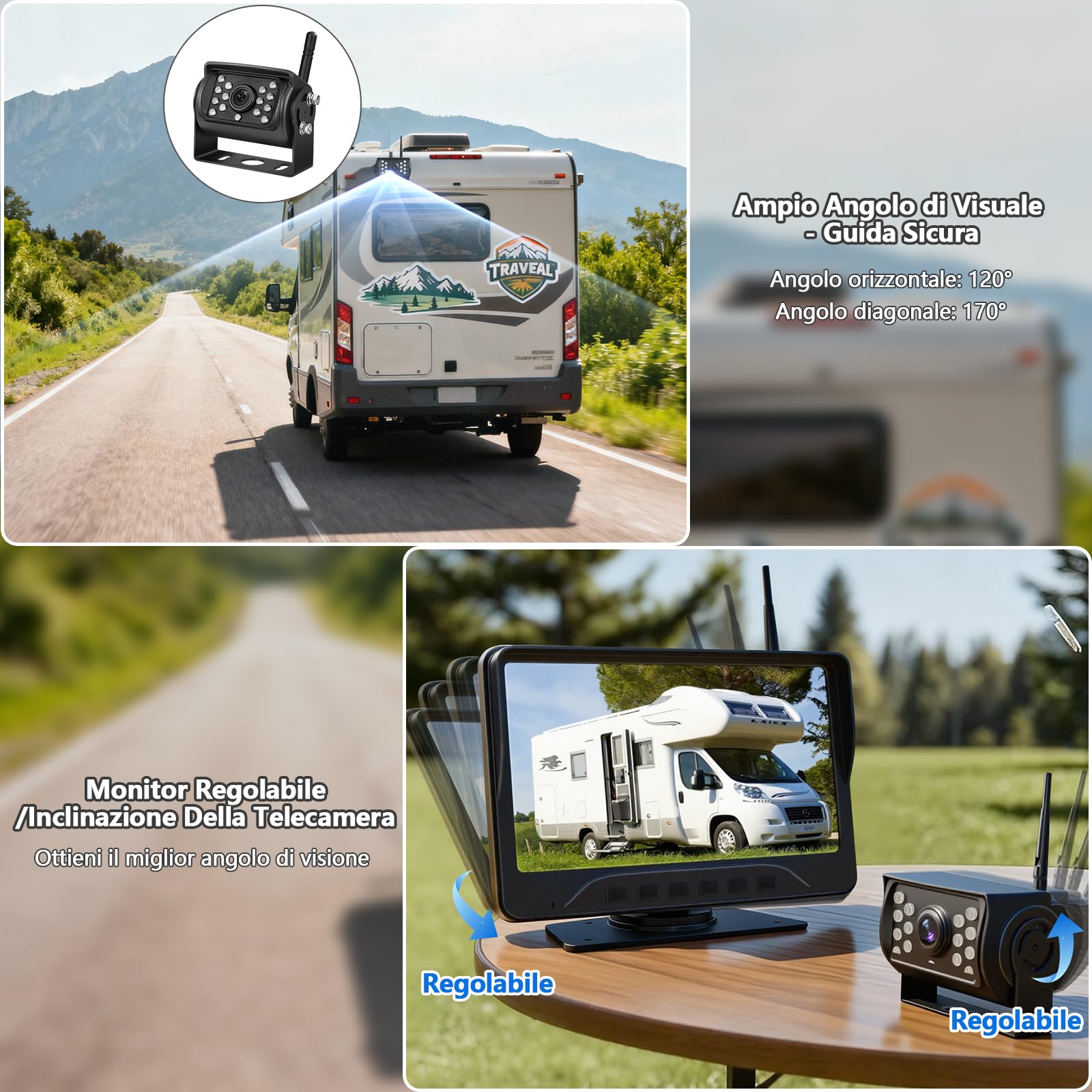 Telecamera Posteriore Senza Fili 7 Pollici 1080P Monitor con Impermeabile IP69, IR Visione Notturna, Grandangolare 170°, Telecamera di Retromarcia per Camper, Camion, Roulotte(VE-7C)