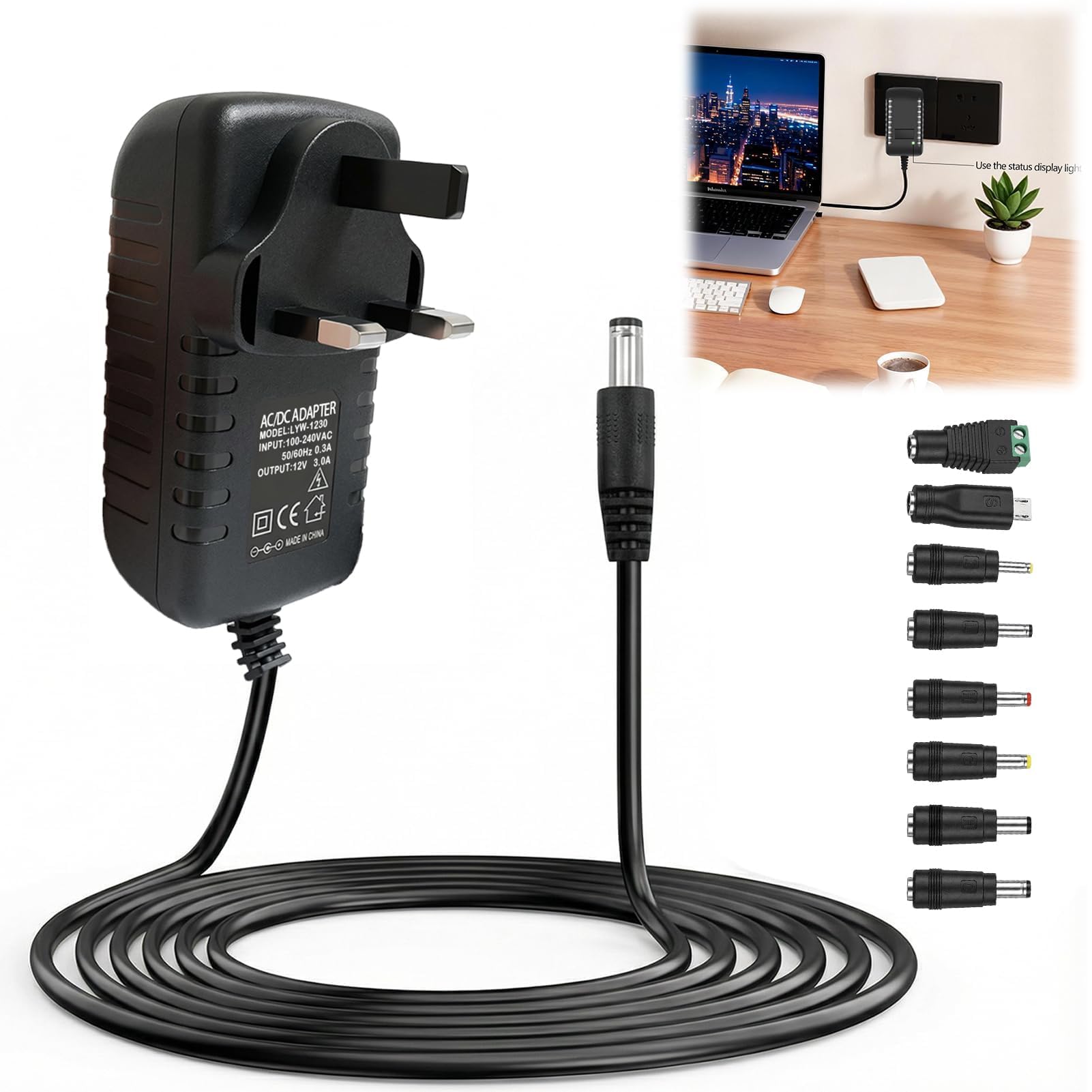 Universal 12V3A Power Supply UK Plug, 36W ACDC Adapter 8 Multi Plug Tips,100–240V 50/60Hz DC Charger Cable for LED Strips, Router, CCTVCamera, Laptop, Baby Monitor,MP3/MP4 and Home Electronics — view 8